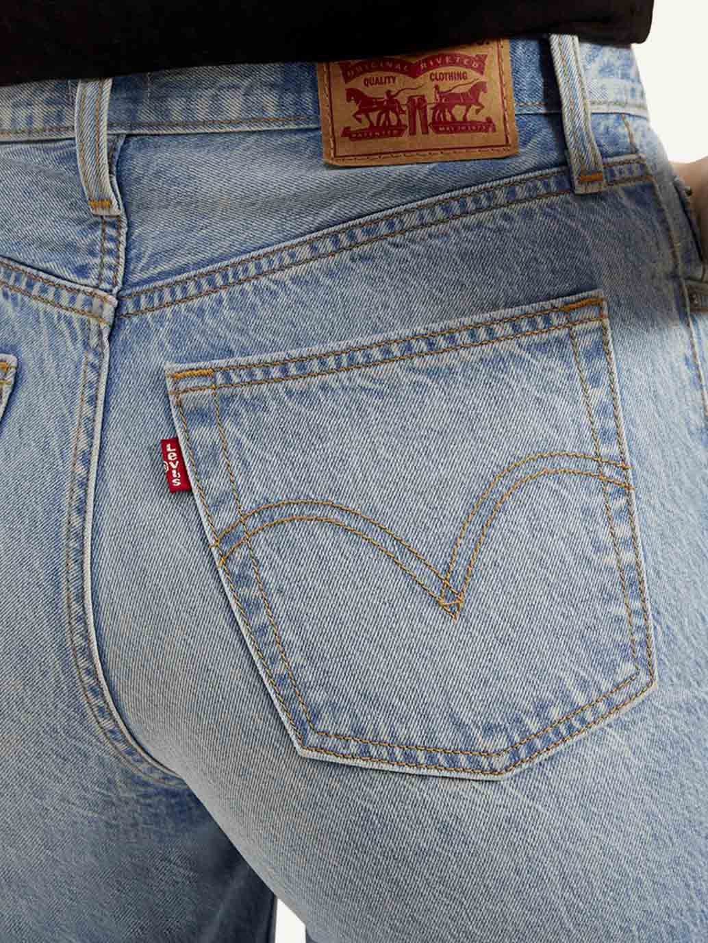 Women's Light Blue Ribcage Bell Bottom Wide Leg Fit High Rise Jeans - Detail View
