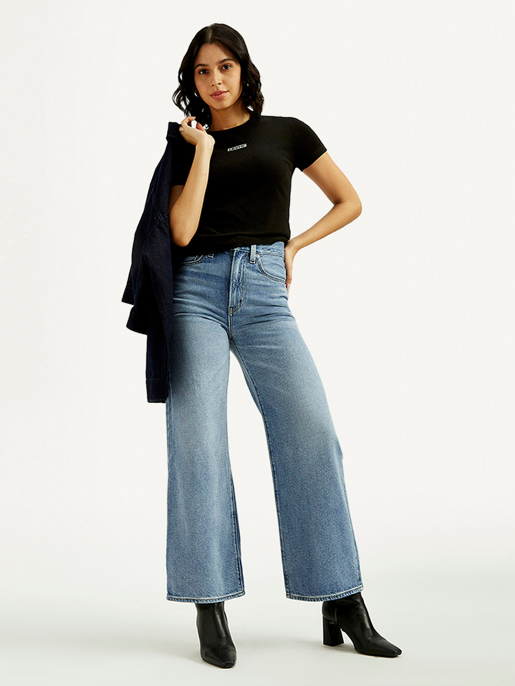 Women's Light Indigo Ribcage Wide Leg Fit High Rise Jeans - Elevated View