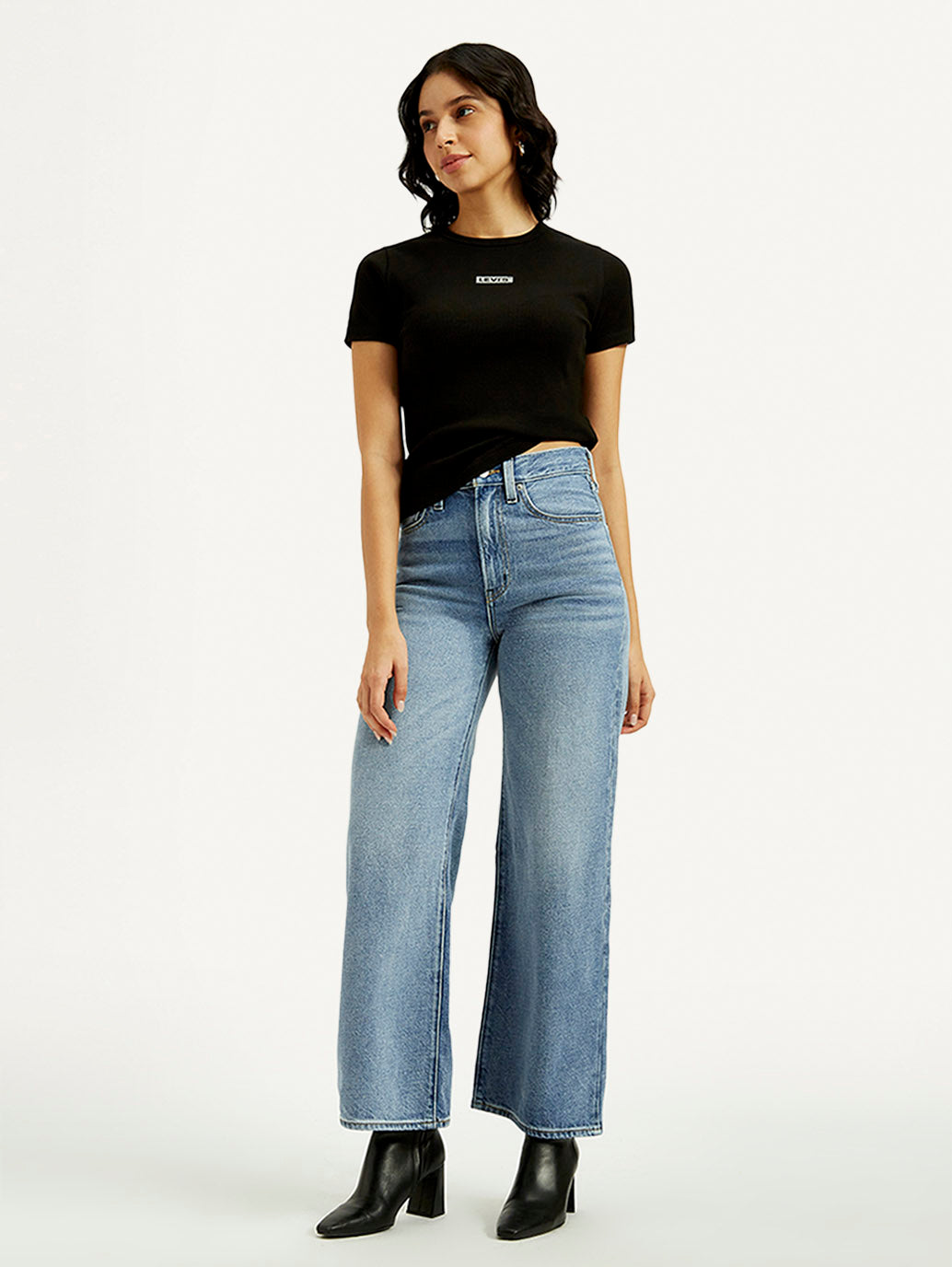 Women's Light Indigo Ribcage Wide Leg Fit High Rise Jeans - Styleshot View
