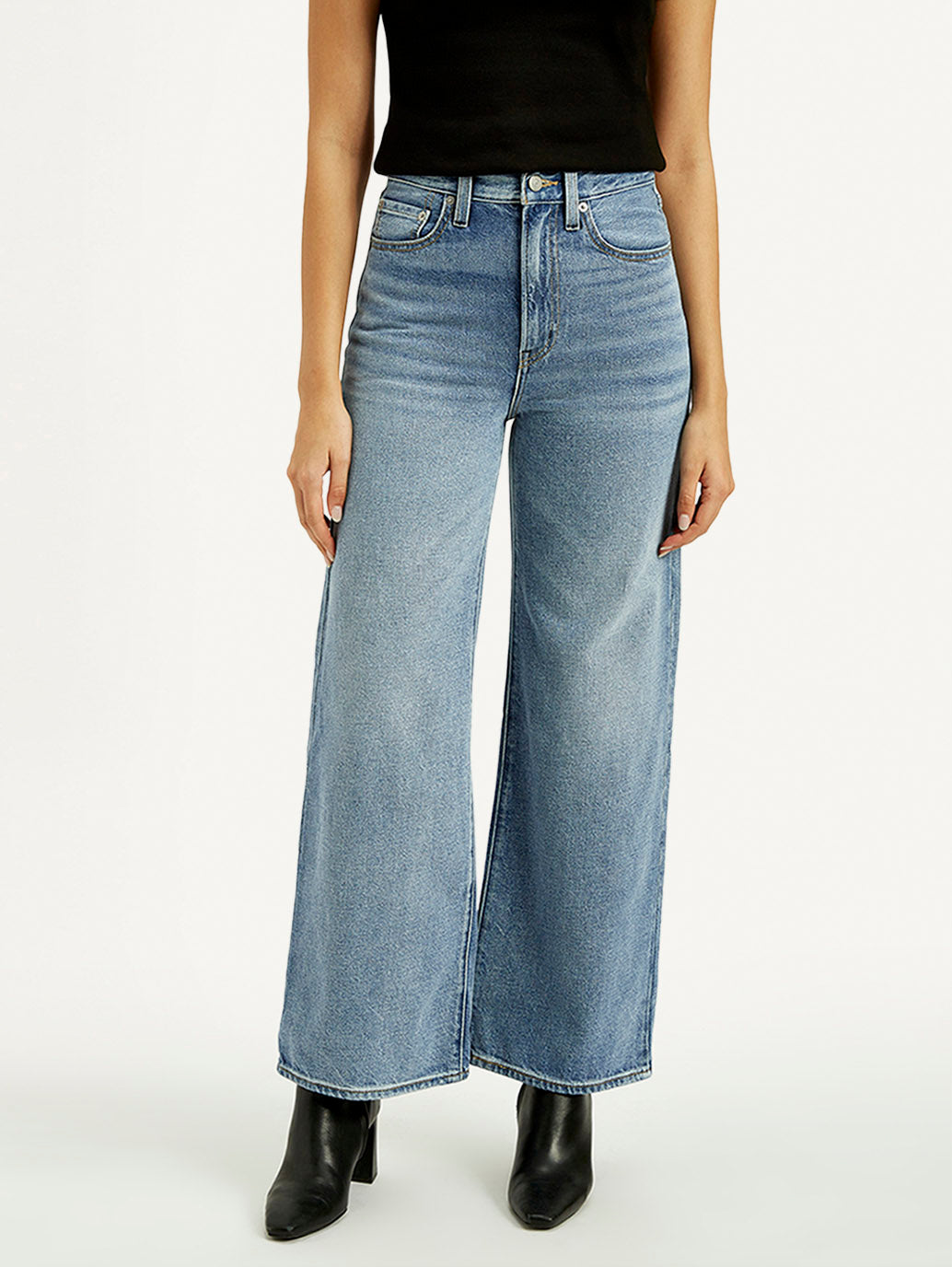 Women's Light Indigo Ribcage Wide Leg Fit High Rise Jeans - Front View