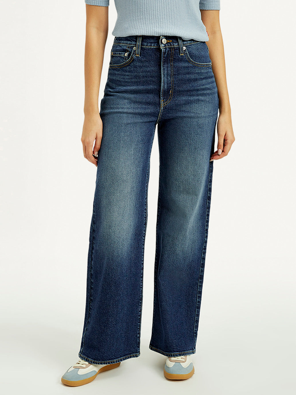 Women's Dark Indigo Ribcage Wide Leg Fit High Rise Jeans - Front View