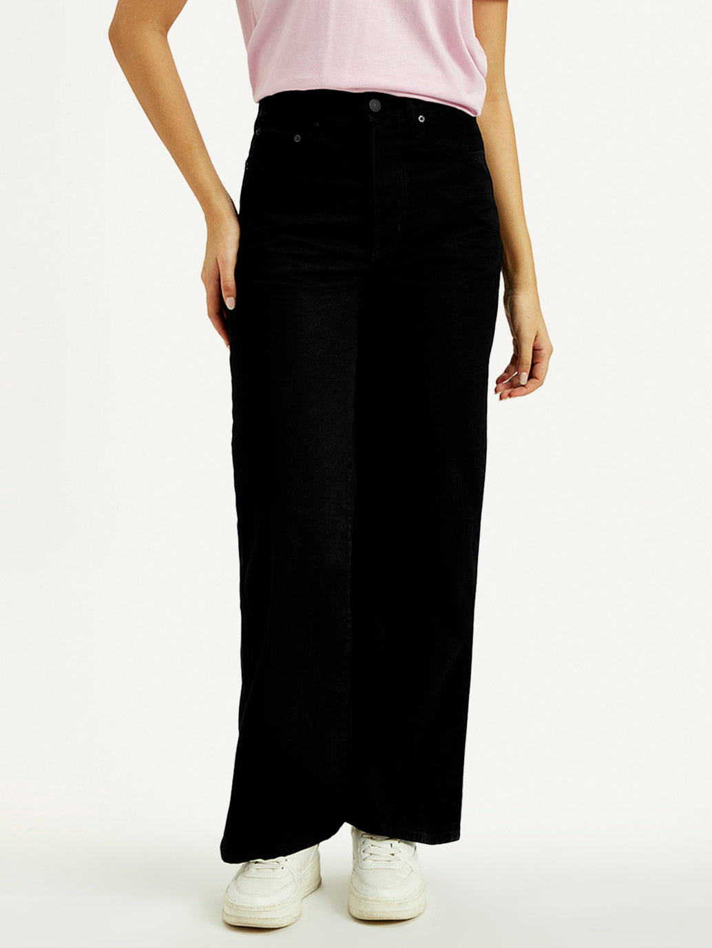 Women's Black Ribcage Wide Leg Fit High Rise Jeans - Front View