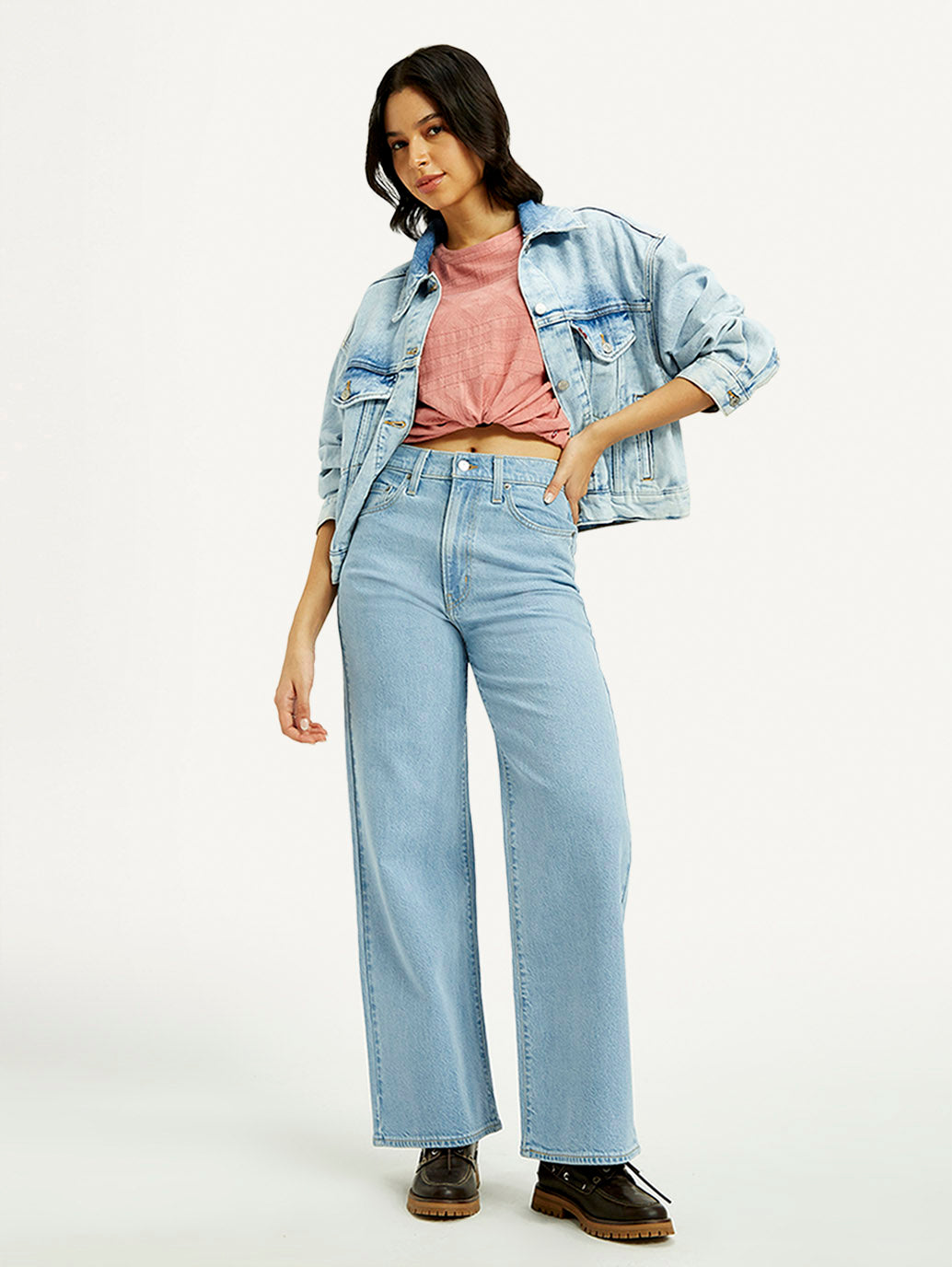 Women's Light Indigo Ribcage Wide Leg Fit High Rise Jeans - Elevated View