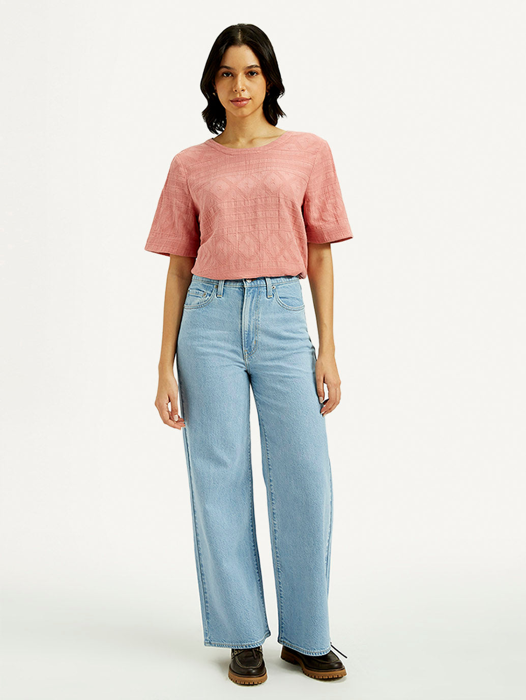 Women's Light Indigo Ribcage Wide Leg Fit High Rise Jeans - Front View