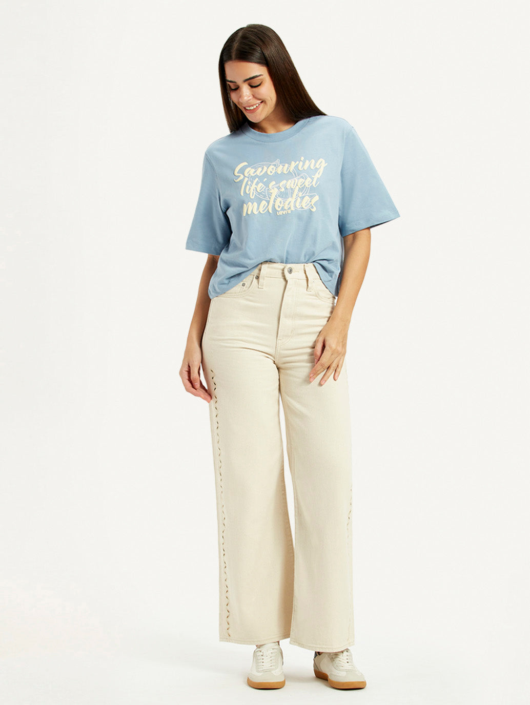 Women's Cream Ribcage Wide Leg Fit High Rise Jeans - Styleshot View