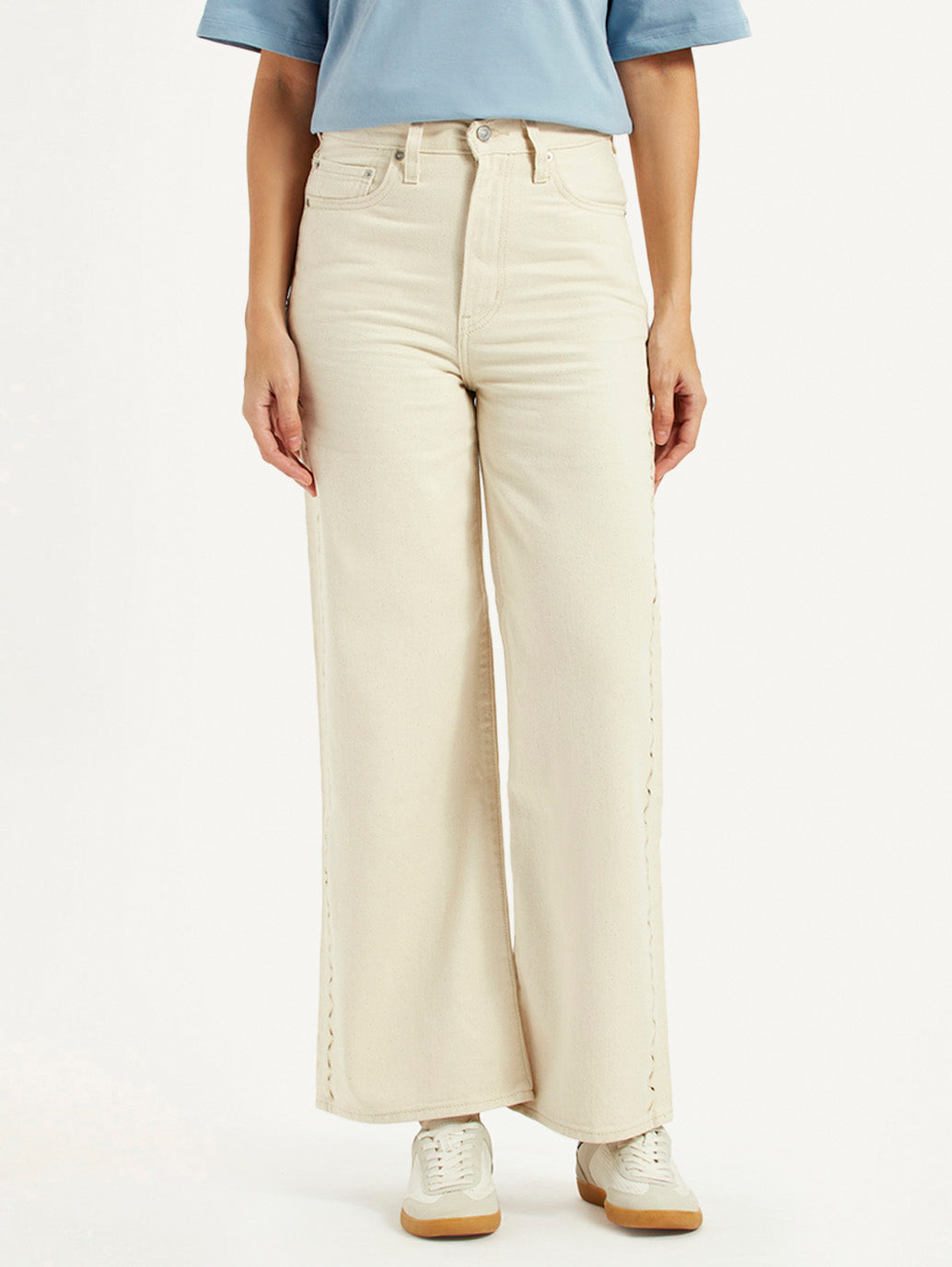 Women's Cream Ribcage Wide Leg Fit High Rise Jeans - Front View