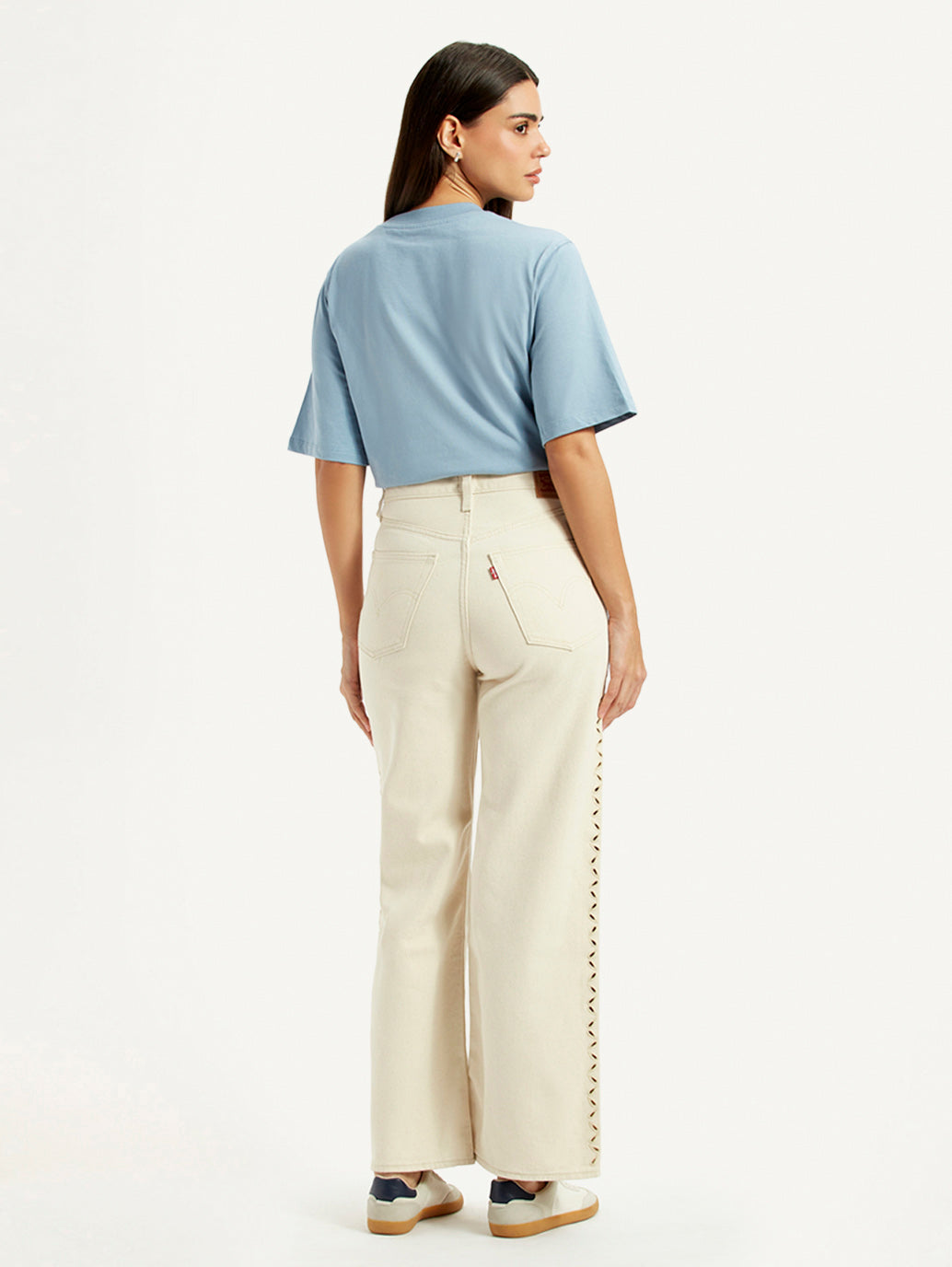 Women's Cream Ribcage Wide Leg Fit High Rise Jeans - Back View