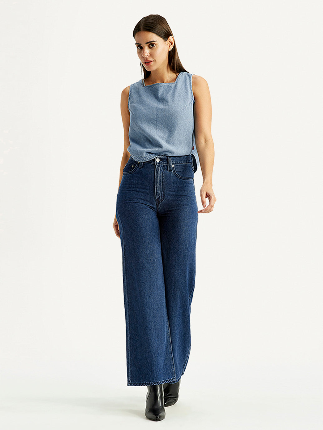 Women's Blue Ribcage Wide Leg Fit Dark High Rise Jeans - Styleshot View