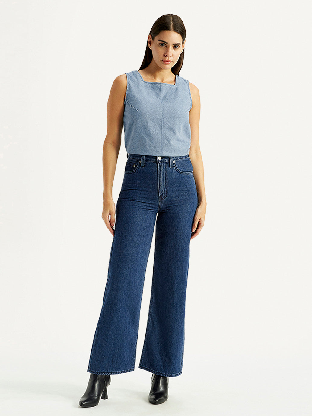 Women's Blue Ribcage Wide Leg Fit Dark High Rise Jeans - Front View