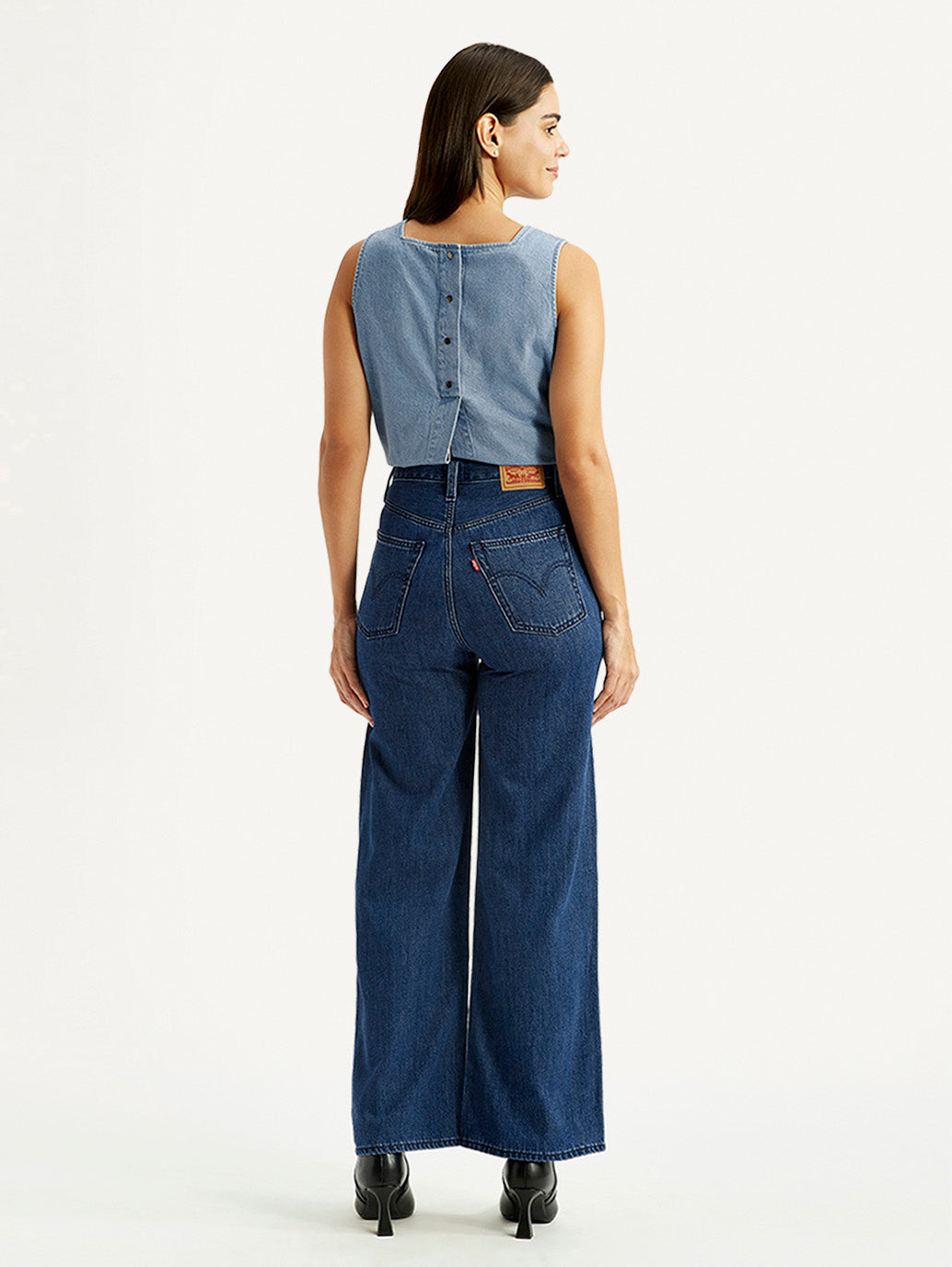 Women's Blue Ribcage Wide Leg Fit Dark High Rise Jeans - Back View