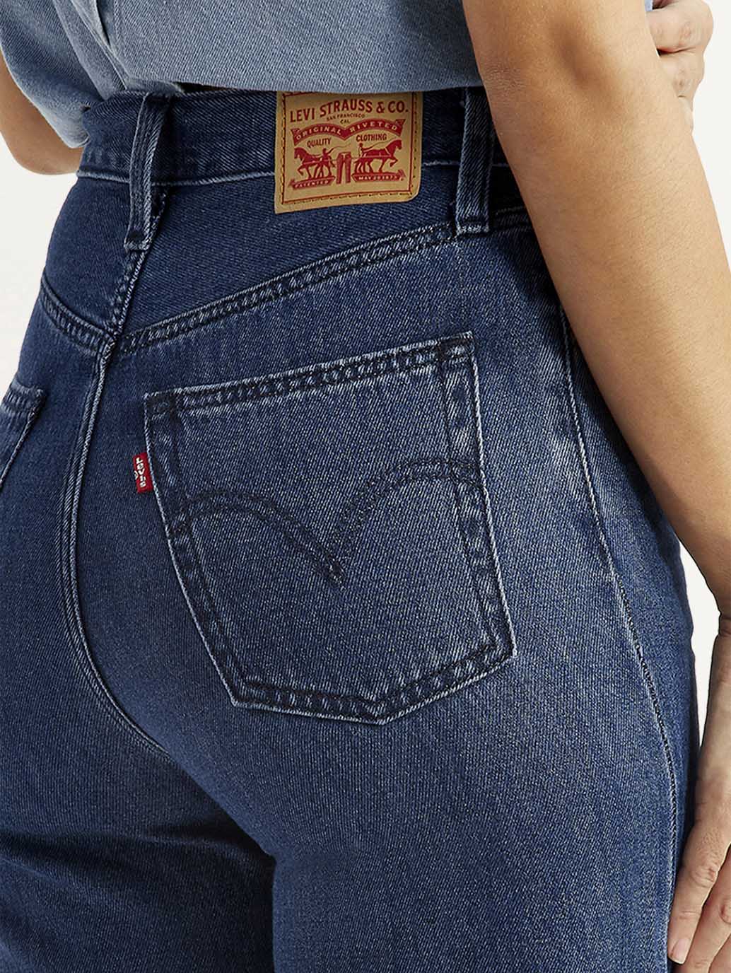 Women's Blue Ribcage Wide Leg Fit Dark High Rise Jeans - Detail View