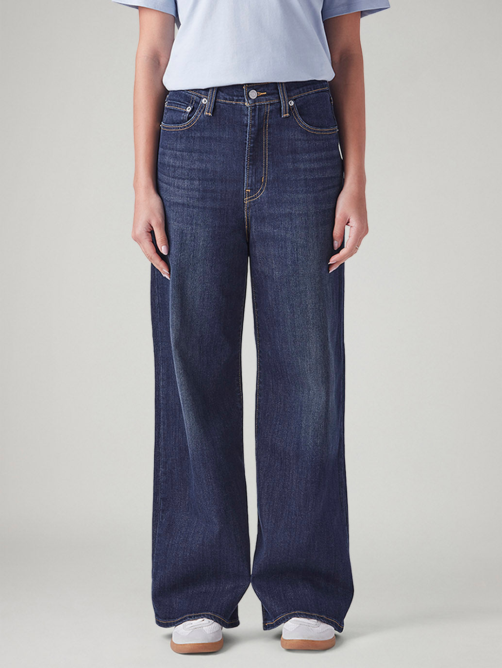 Women's Dark Blue Ribcage Wide Leg Fit High Rise Jeans - Front View