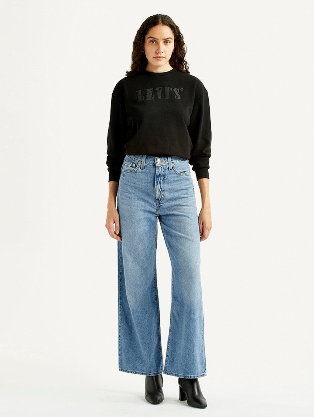 Women's Light Blue Ribcage Wide Leg Fit High Rise Jeans - Front View