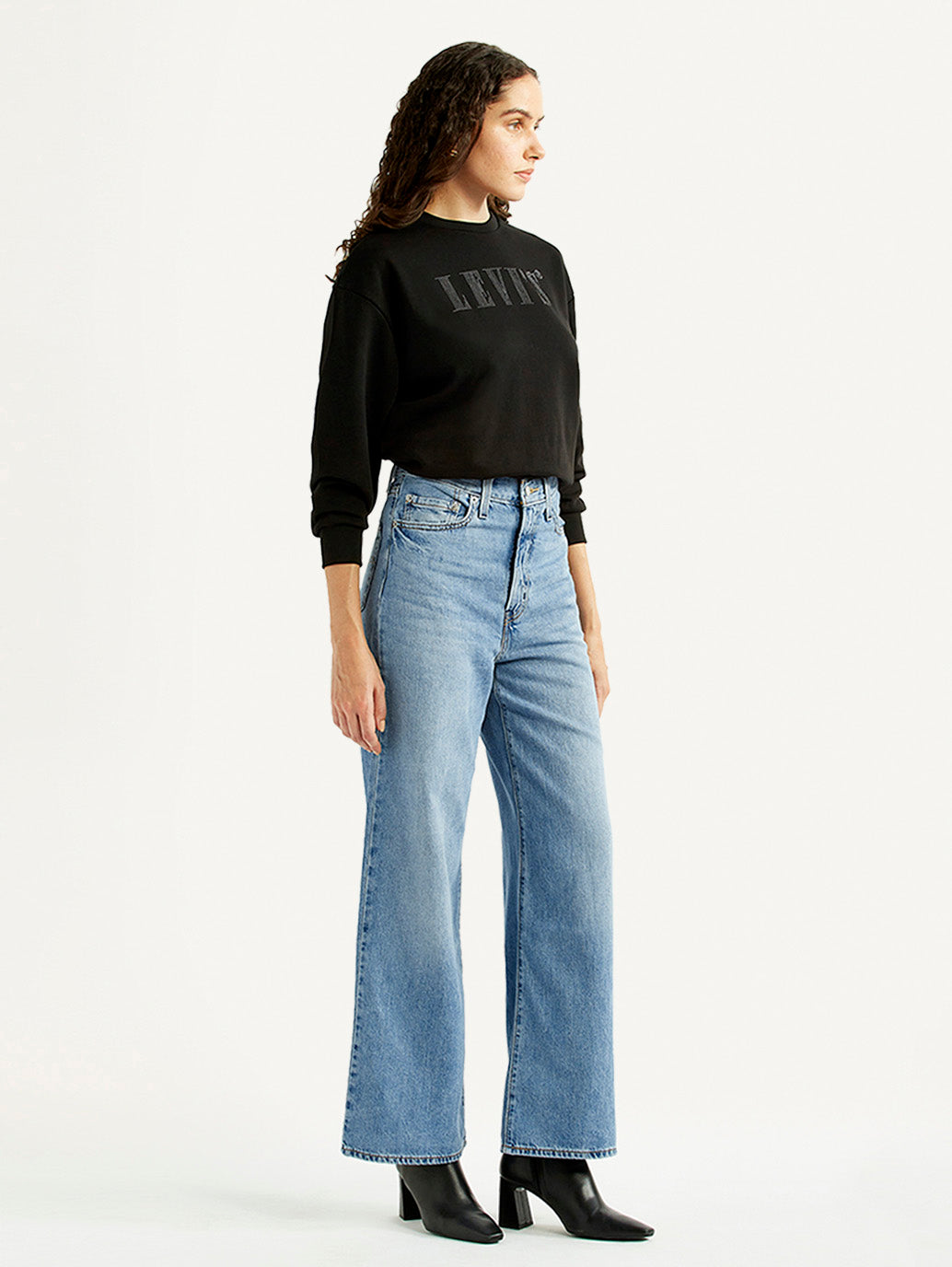 Women's Light Blue Ribcage Wide Leg Fit High Rise Jeans - Side View