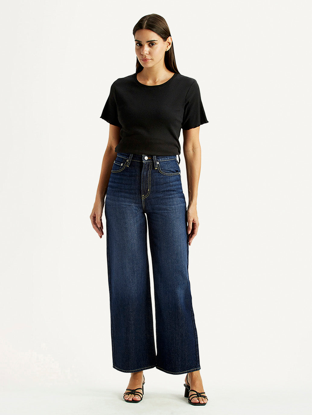 Women's Tinted Navy Blue Ribcage Wide Leg Fit High Rise Jeans - Front View