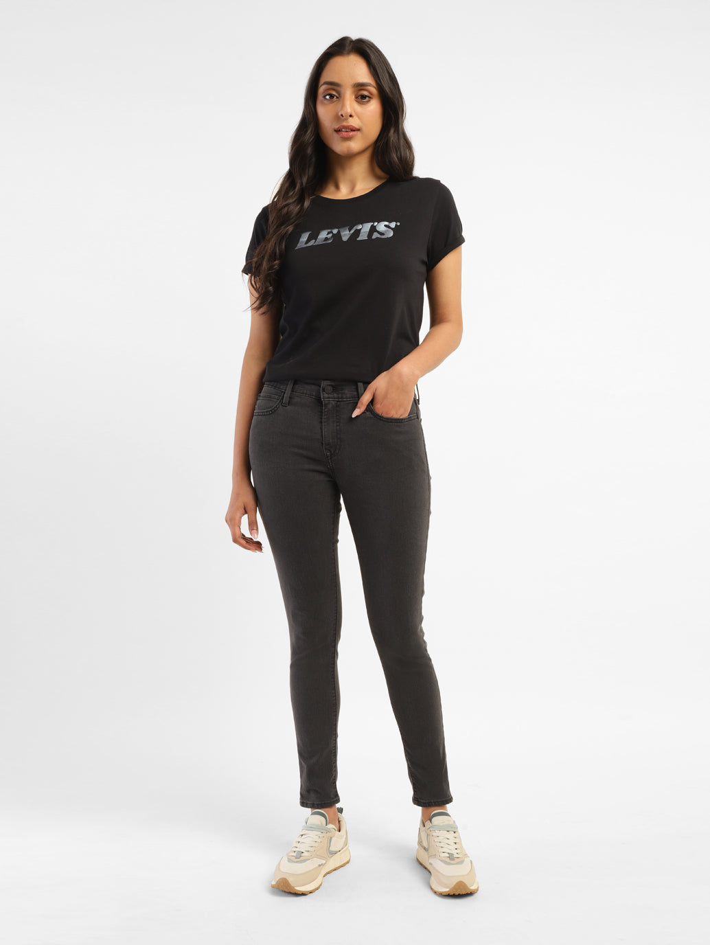 Women's 710 Black Skinny Fit Mid Rise Jeans - StyleShot View