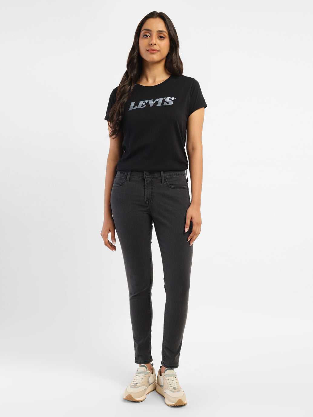 Women's 710 Black Skinny Fit Mid Rise Jeans - ModelFront View