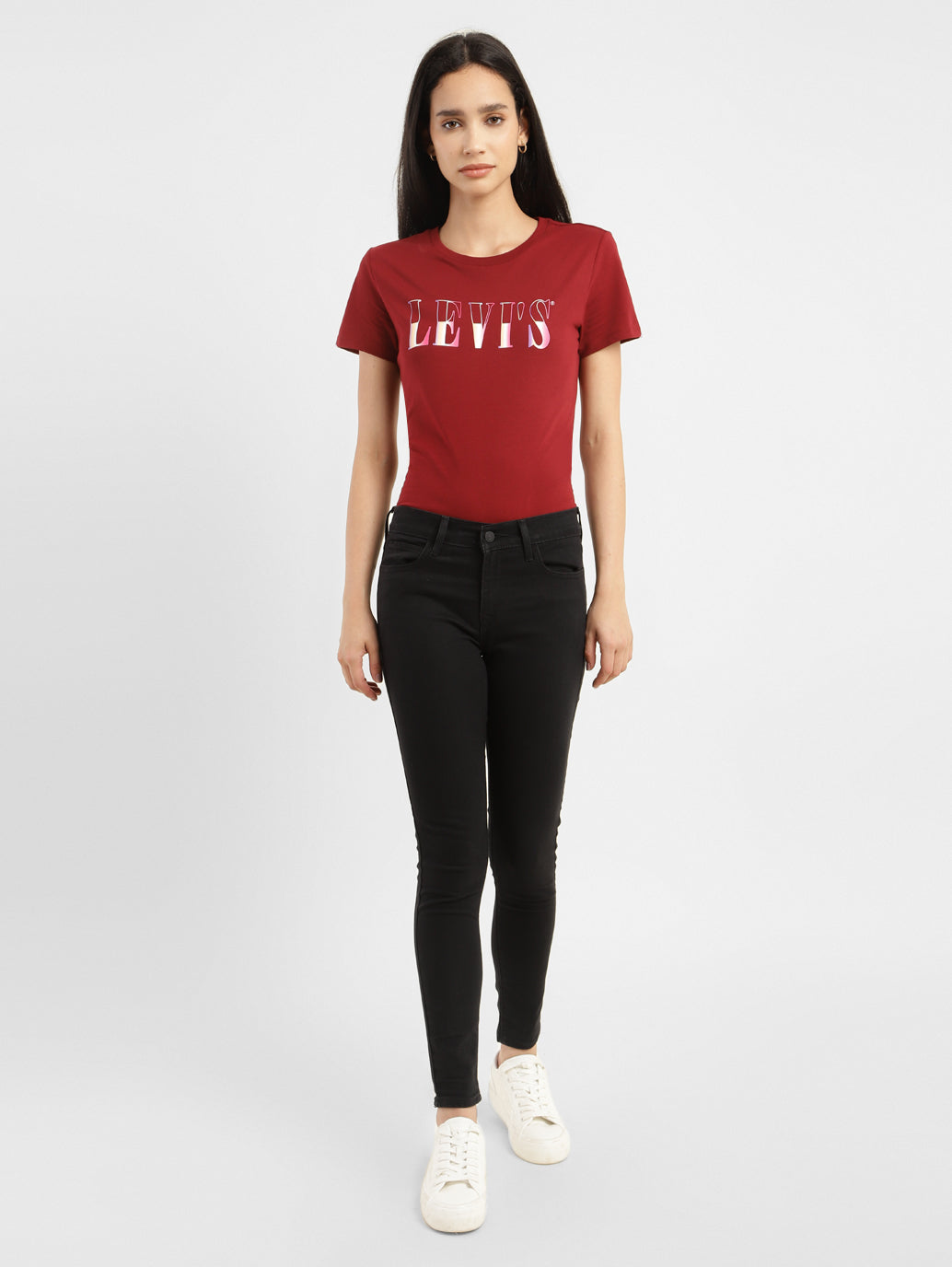 Women's 710 Black Skinny Fit Mid Rise Jeans - ModelFront View