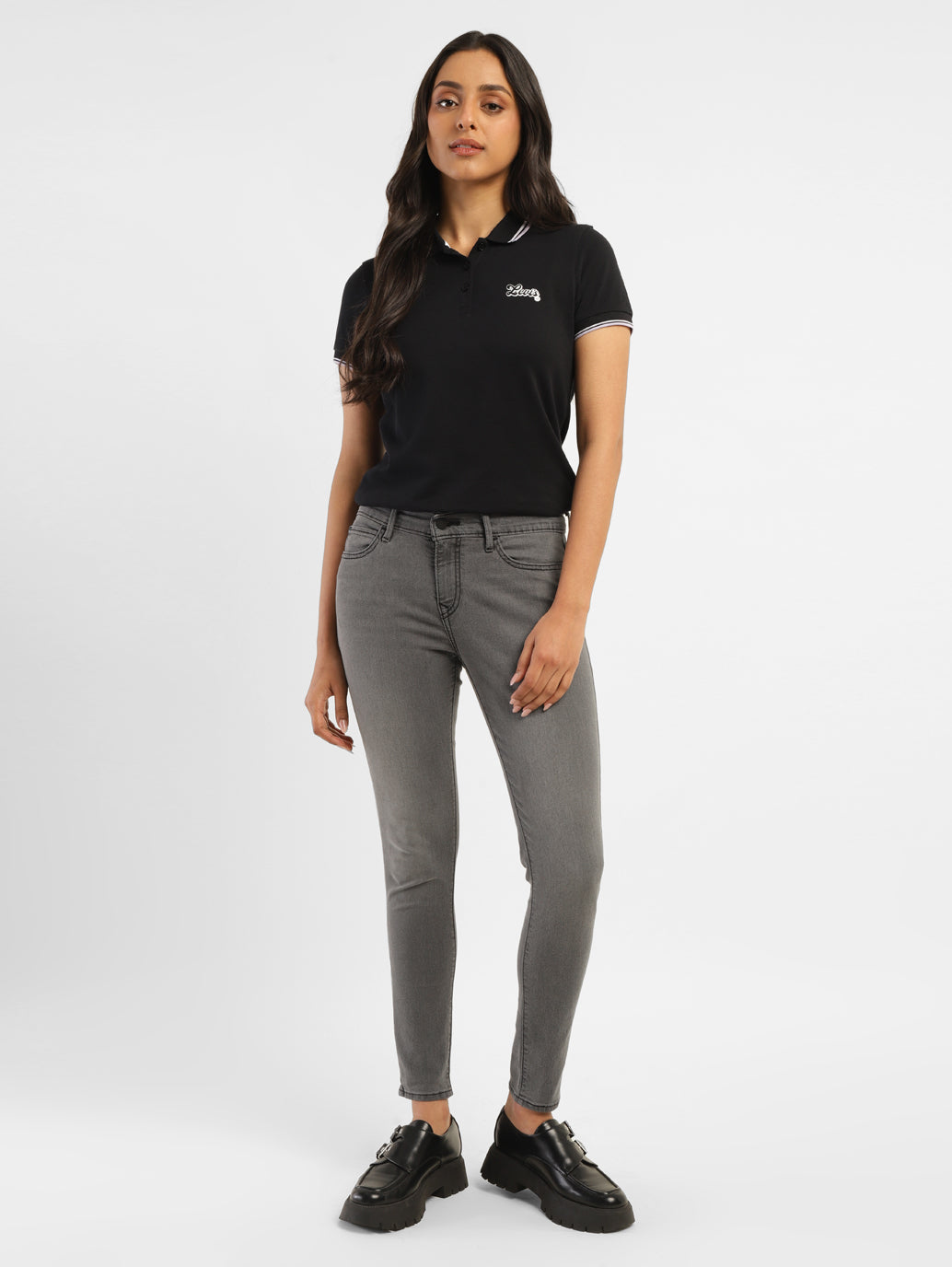 Women's 710 Dark Grey Skinny Fit Mid Rise Jeans - ModelFront View