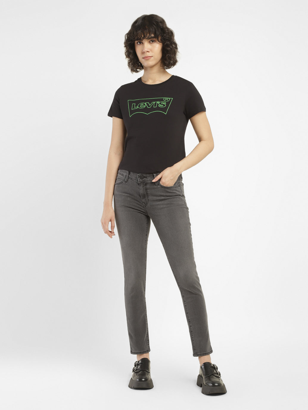 Women's 711 Grey Skinny Fit Mid Rise Jeans - ModelFront View