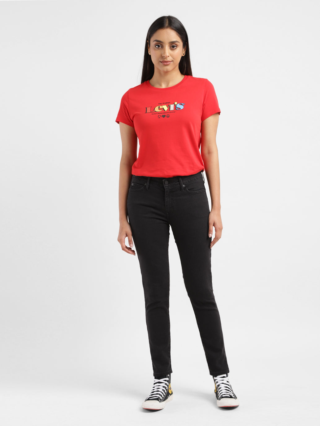 Women's 711 Black Skinny Fit Mid Rise Jeans - ModelFront View