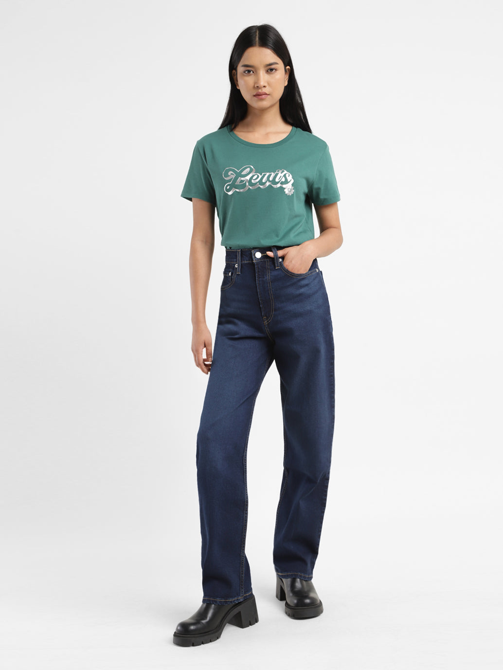 Women's Blue Ribcage Straight Fit High Rise Jeans - 028ee73d-97c4-4d98-b96f-10b945192e41 View
