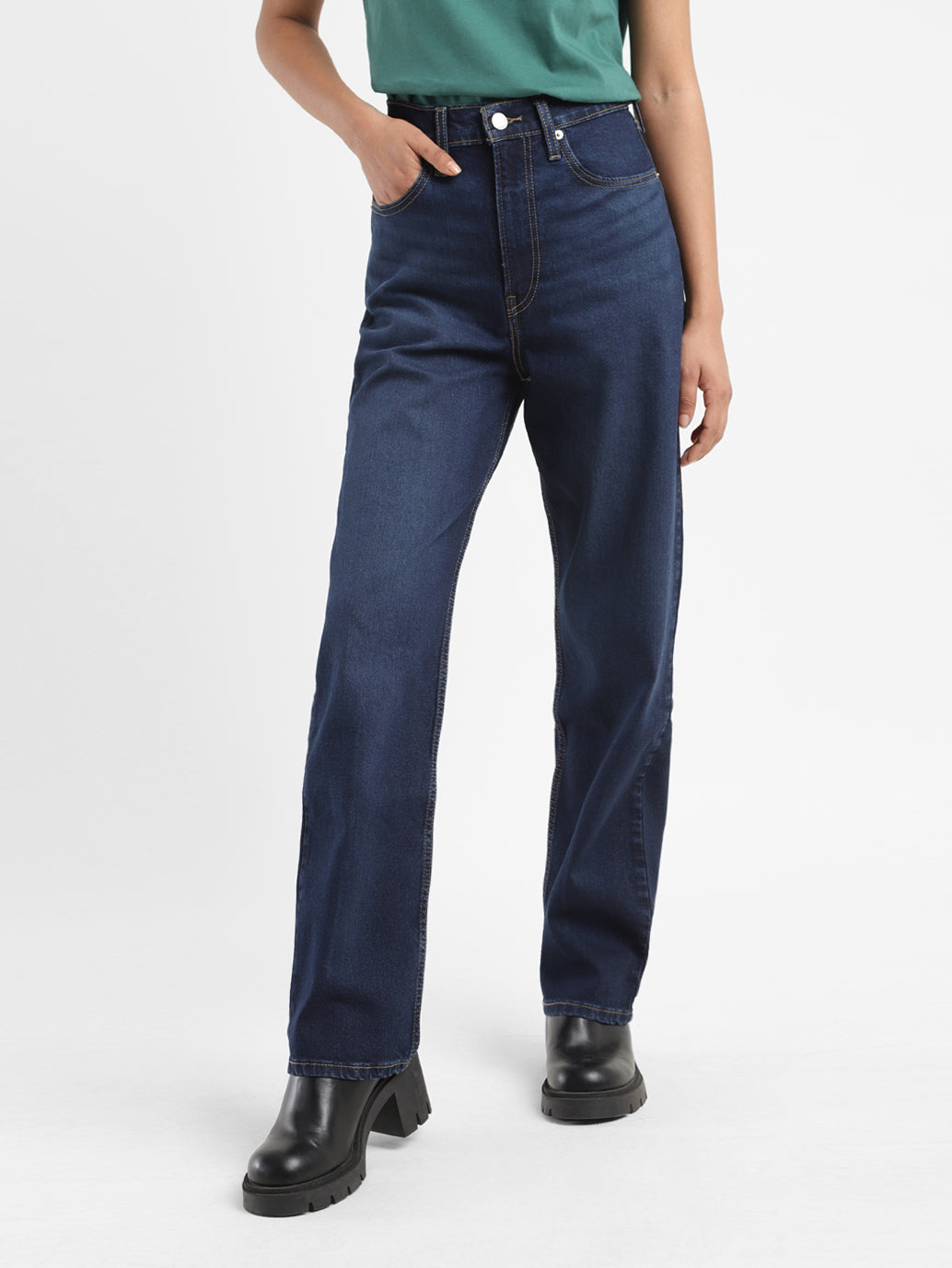 Women's Blue Ribcage Straight Fit High Rise Jeans - 9ed3b617-ab6f-45fc-a005-1eeb16b19966 View