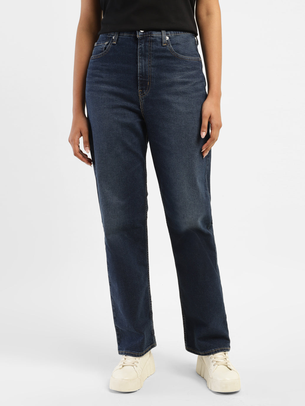 Women's Navy Blue Ribcage Straight Fit High Rise Jeans - c516fd7f-2465-4c77-9e9d-8e3b4b98cff7 View