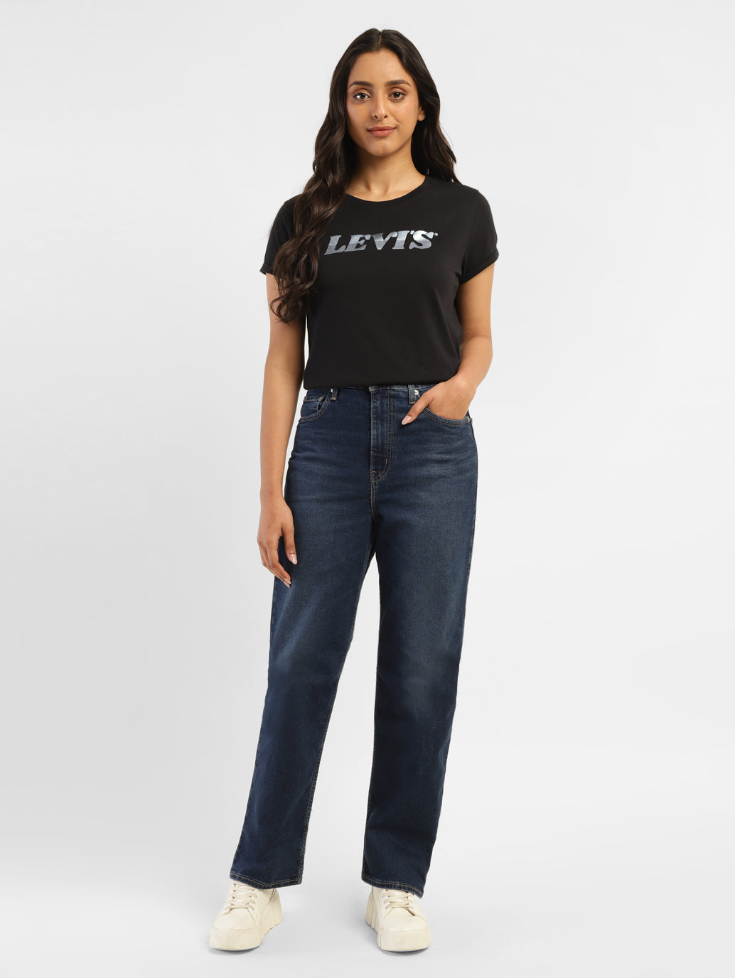 Women's Navy Blue Ribcage Straight Fit High Rise Jeans - ModelFront View