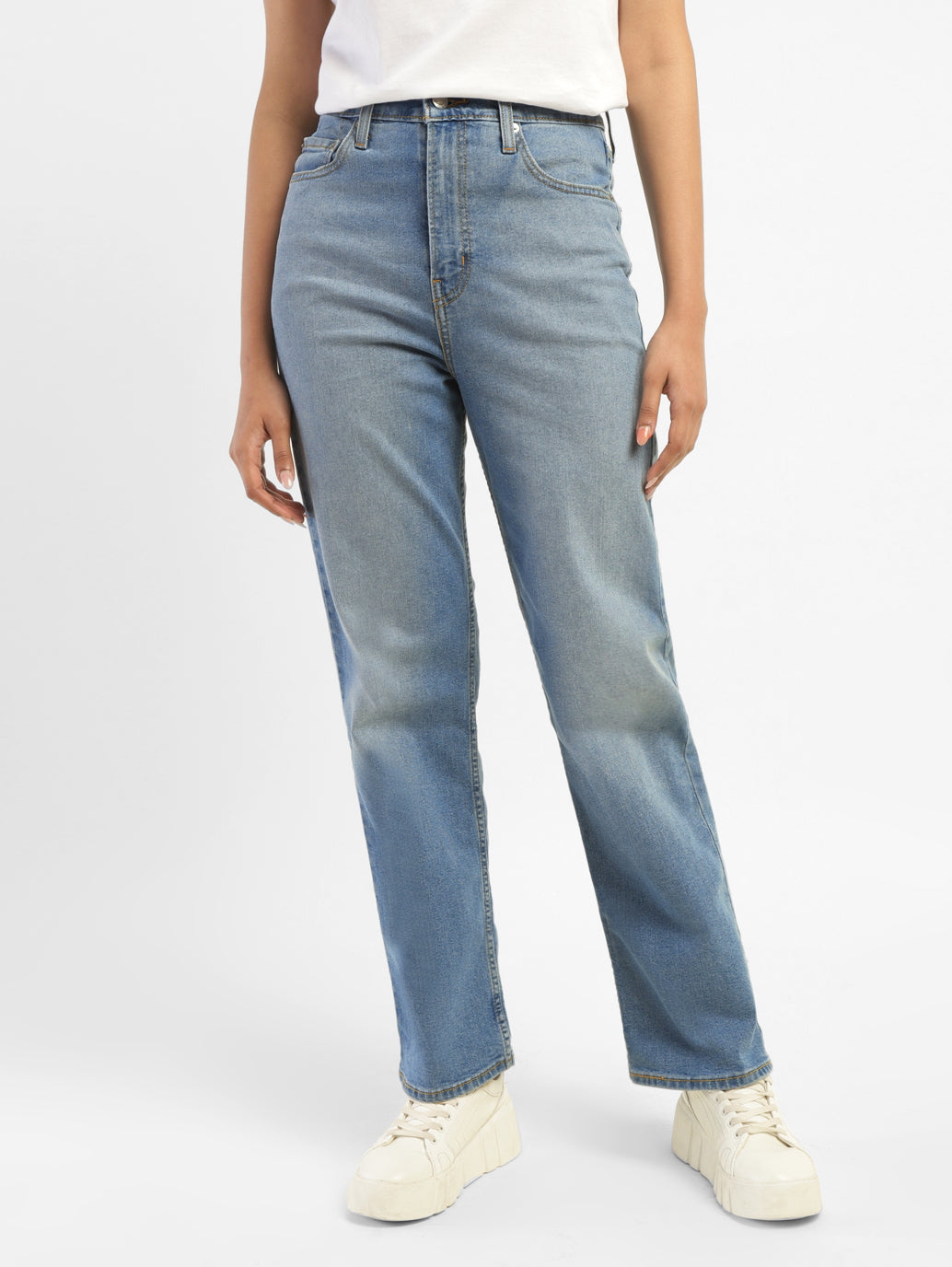 Women's Blue Ribcage Straight Fit High Rise Jeans - dee3e987-7d6a-466a-a466-116833dd0ac2 View