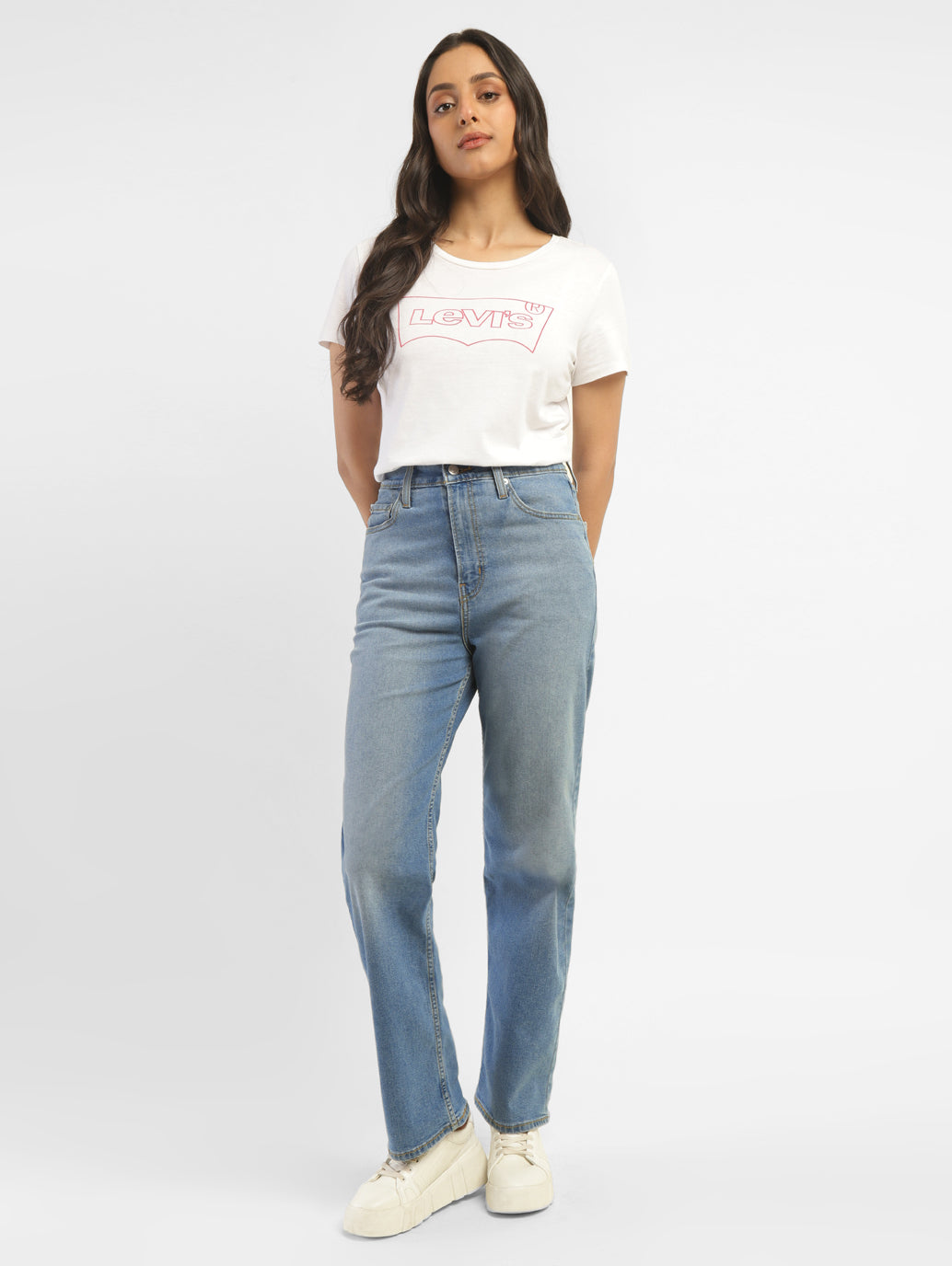 Women's Blue Ribcage Straight Fit High Rise Jeans - ModelFront View