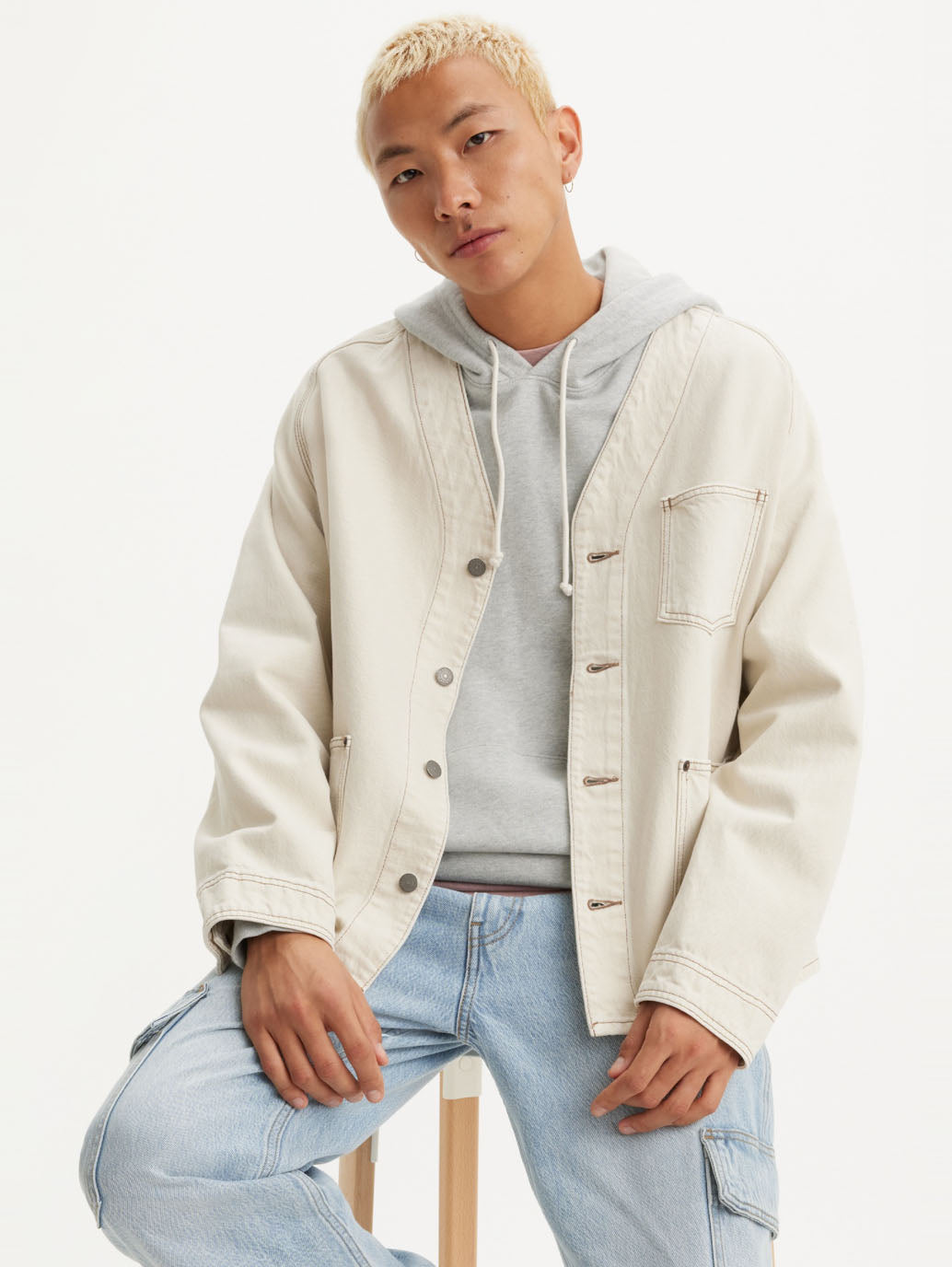 Men's Solid Cream V Neck Denim Jacket