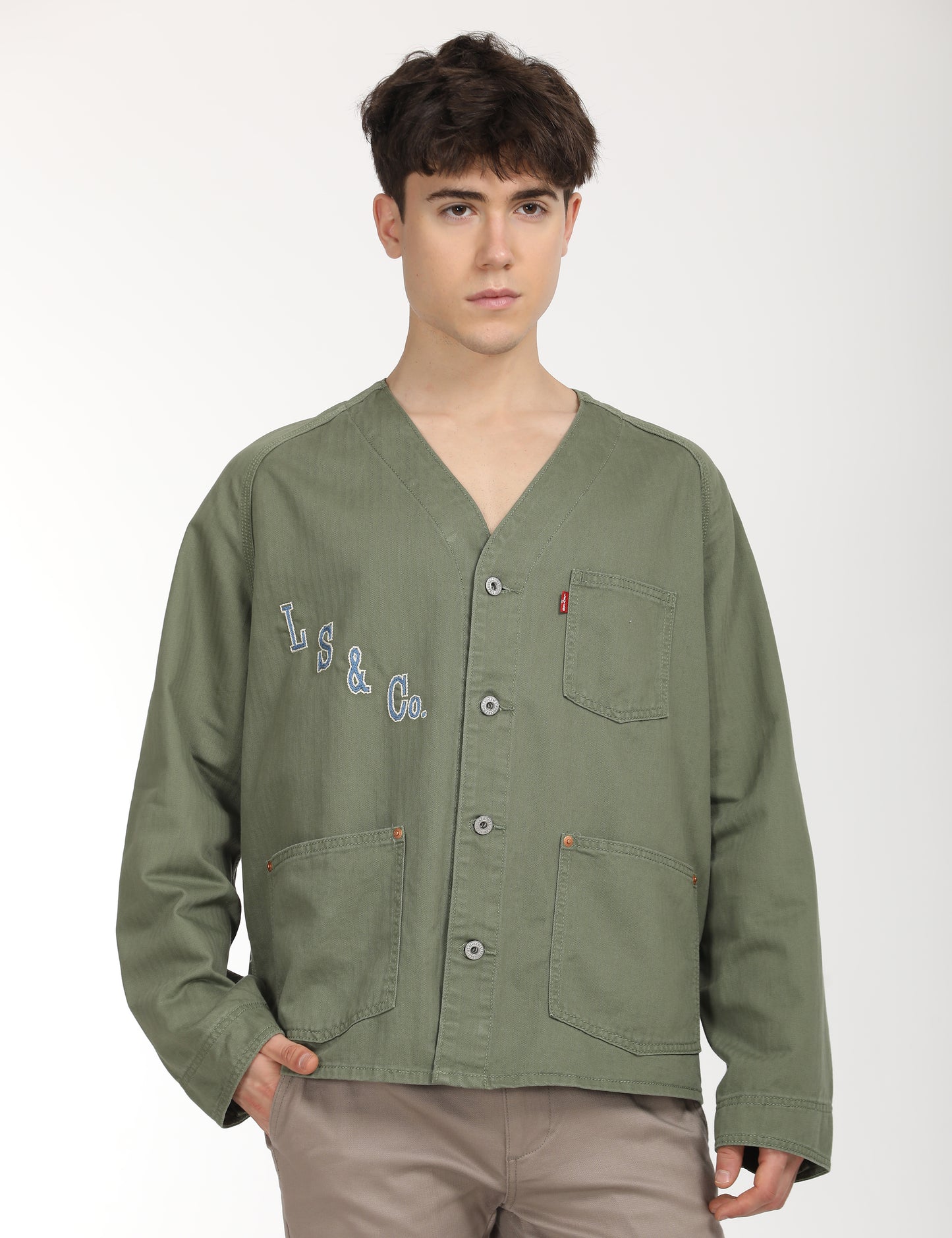 Men's Typographic Print Olive Jacket - Front View