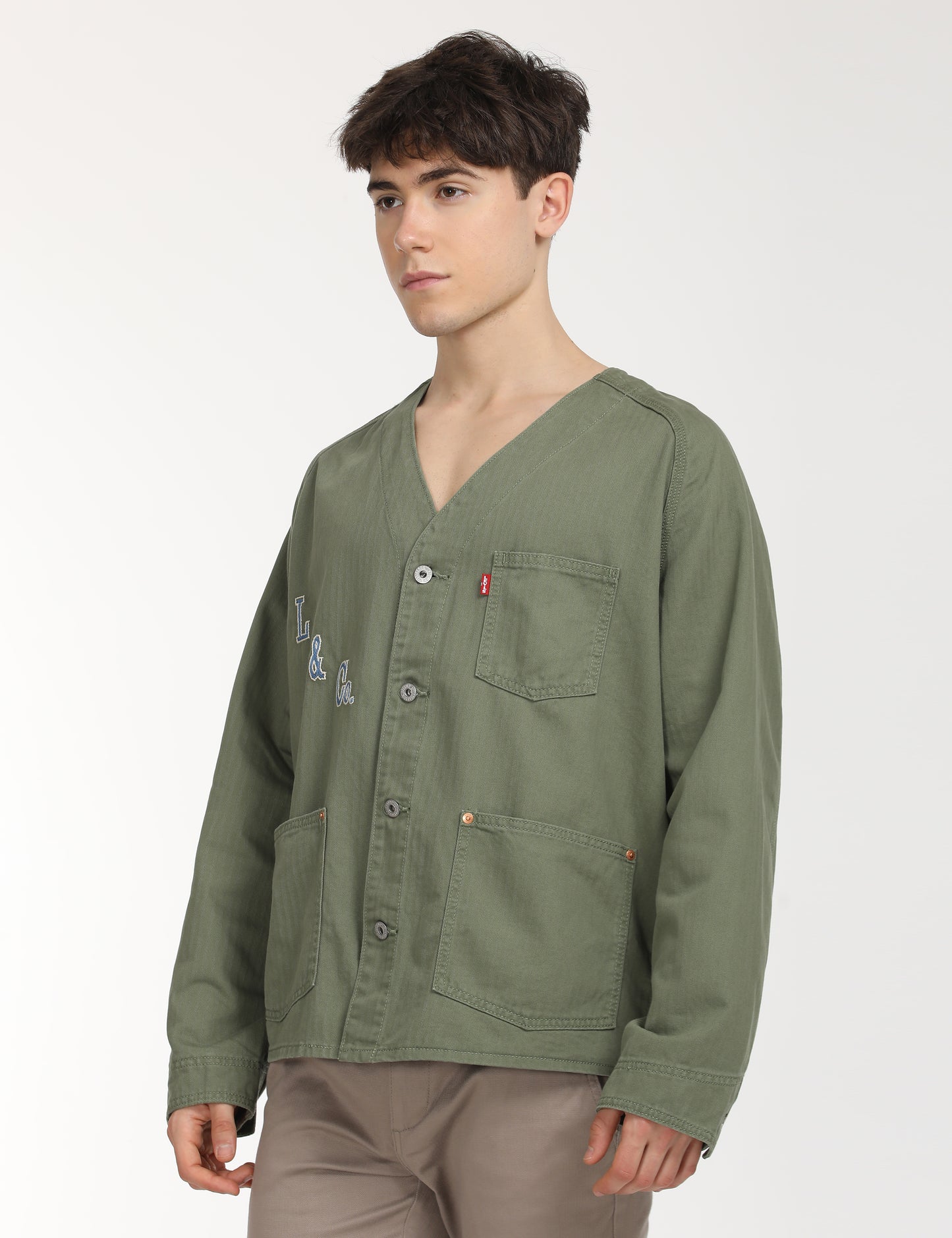 Men's Typographic Print Olive Jacket - RightSide View