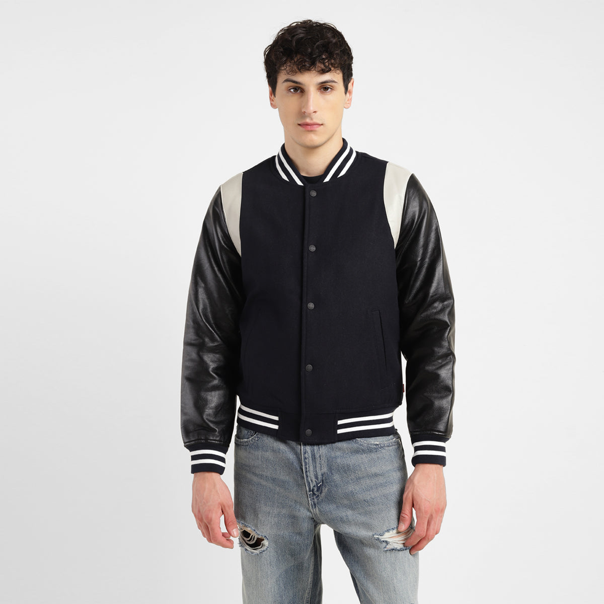 Men's Colorblock Navy Mandarin Collar Varsity Jacket - 852dd528-5ff9-4bea-ba00-361497177cfa View