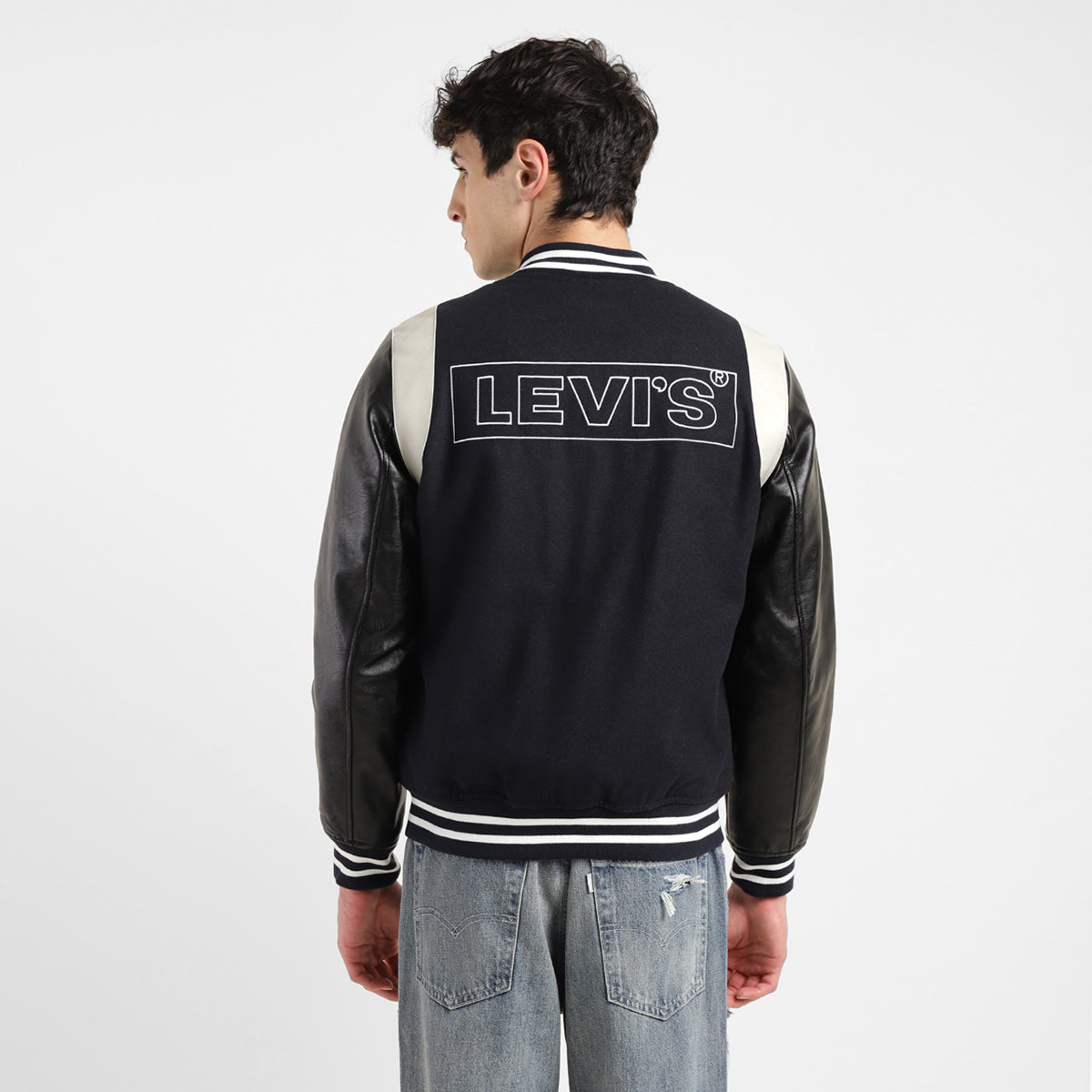 Men's Colorblock Navy Mandarin Collar Varsity Jacket - 87bf036a-e1bf-4a81-8b57-d39df0c18e59 View