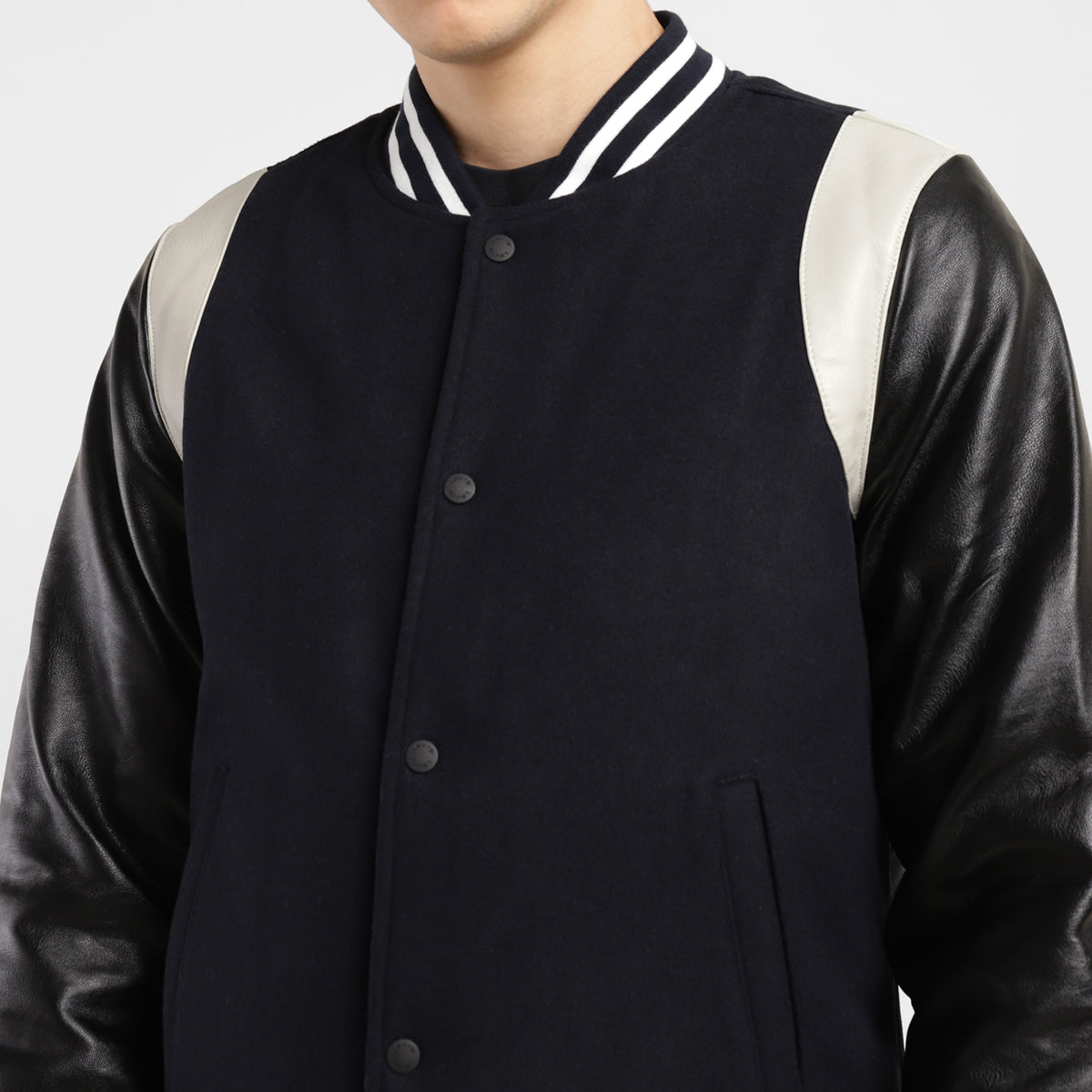Men's Colorblock Navy Mandarin Collar Varsity Jacket - eccbe3ab-d699-4d17-b15b-57b443df59e0 View