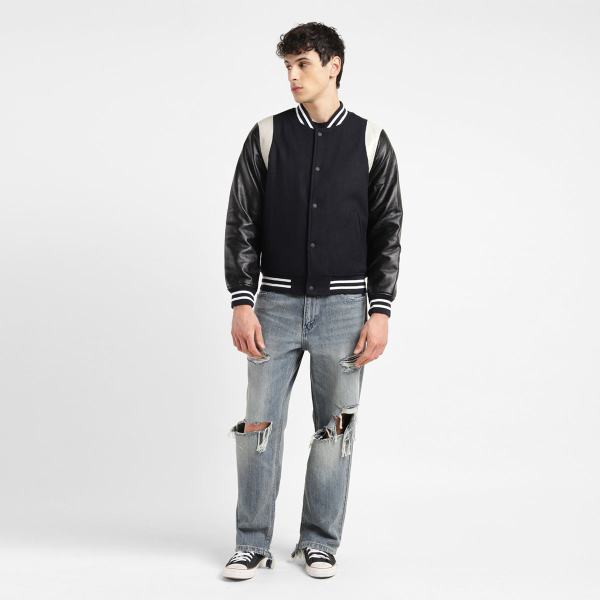 Men's Colorblock Navy Mandarin Collar Varsity Jacket - 7efc0286-1dd7-4d88-9df6-de3e285b944f View