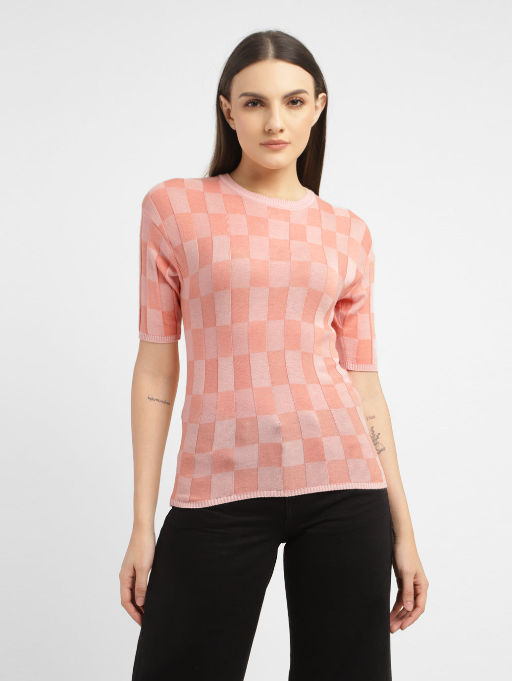 Women's Checked Crew Neck Top - 4028ddaa-6647-4a8b-b7cf-62a94292c39c View