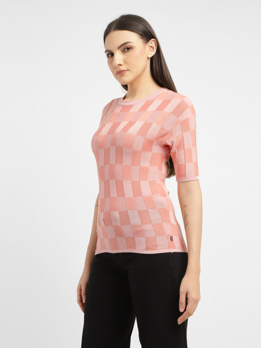 Women's Checked Crew Neck Top - b050346c-68a2-429c-8b74-5732e6cfd227 View