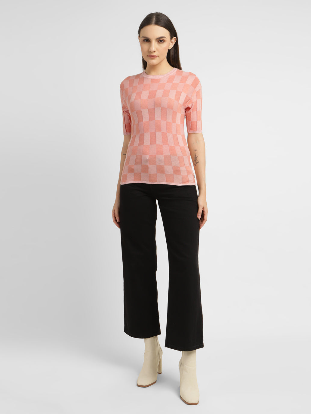 Women's Checked Crew Neck Top - 6cffd05c-a231-47c4-b292-8e44623a64b9 View