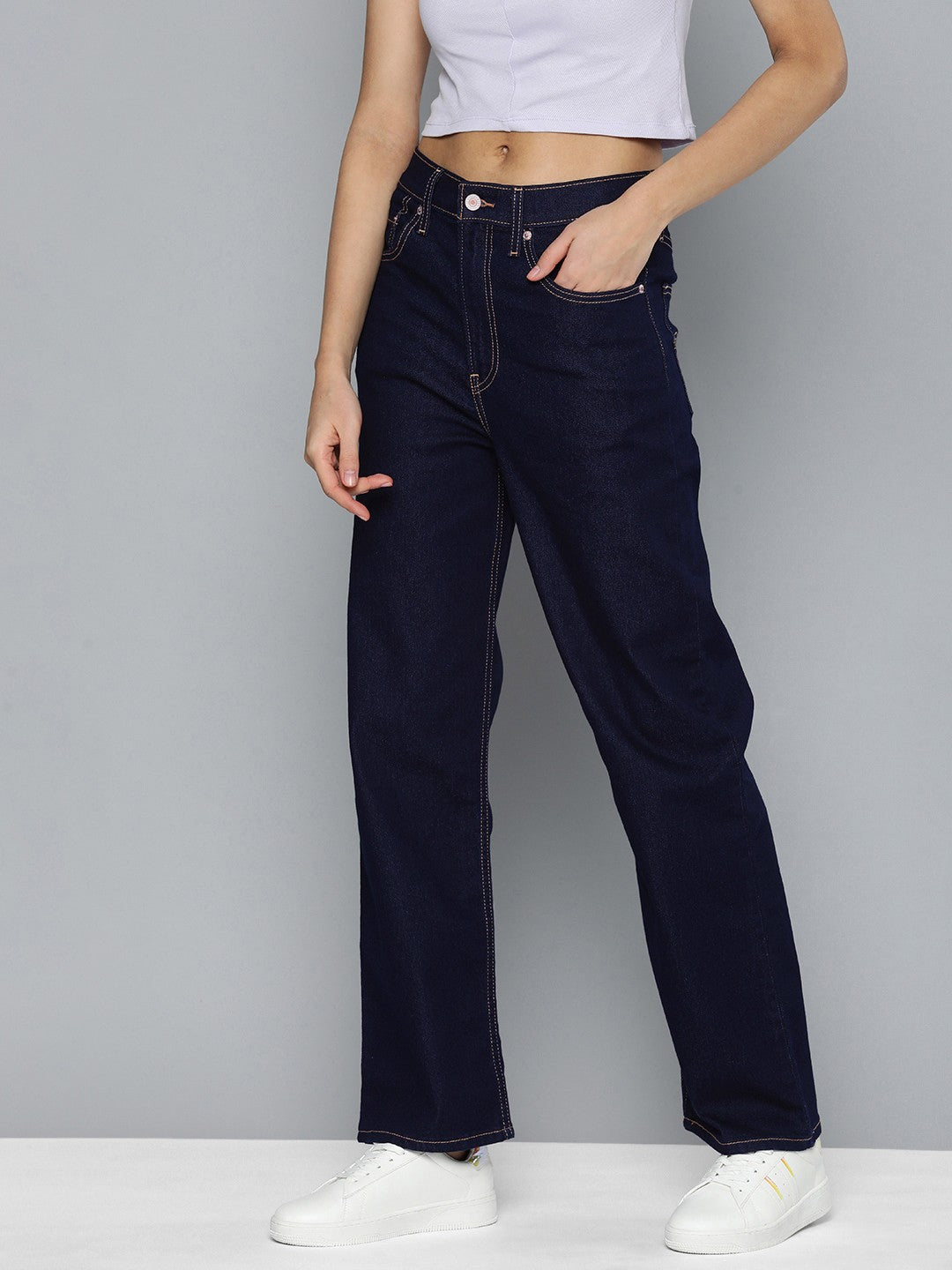 Women's Navy Blue Ribcage Straight Fit High Rise Jeans - 2 View