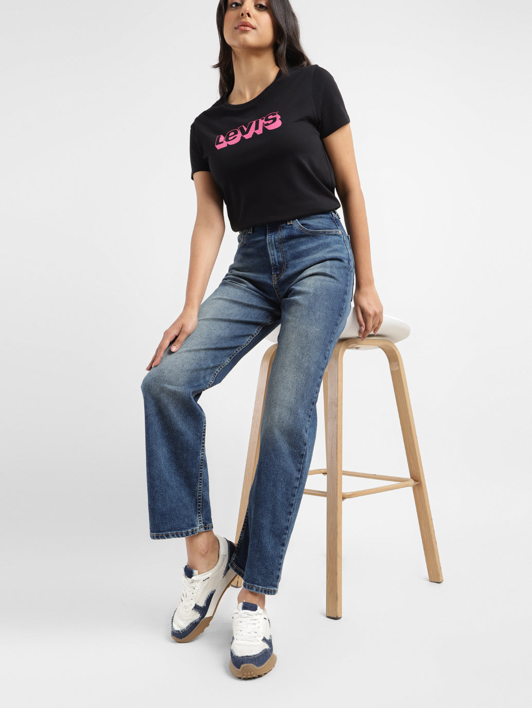 Women's Blue Ribcage Straight Fit Mid Rise Jeans - StyleShot View