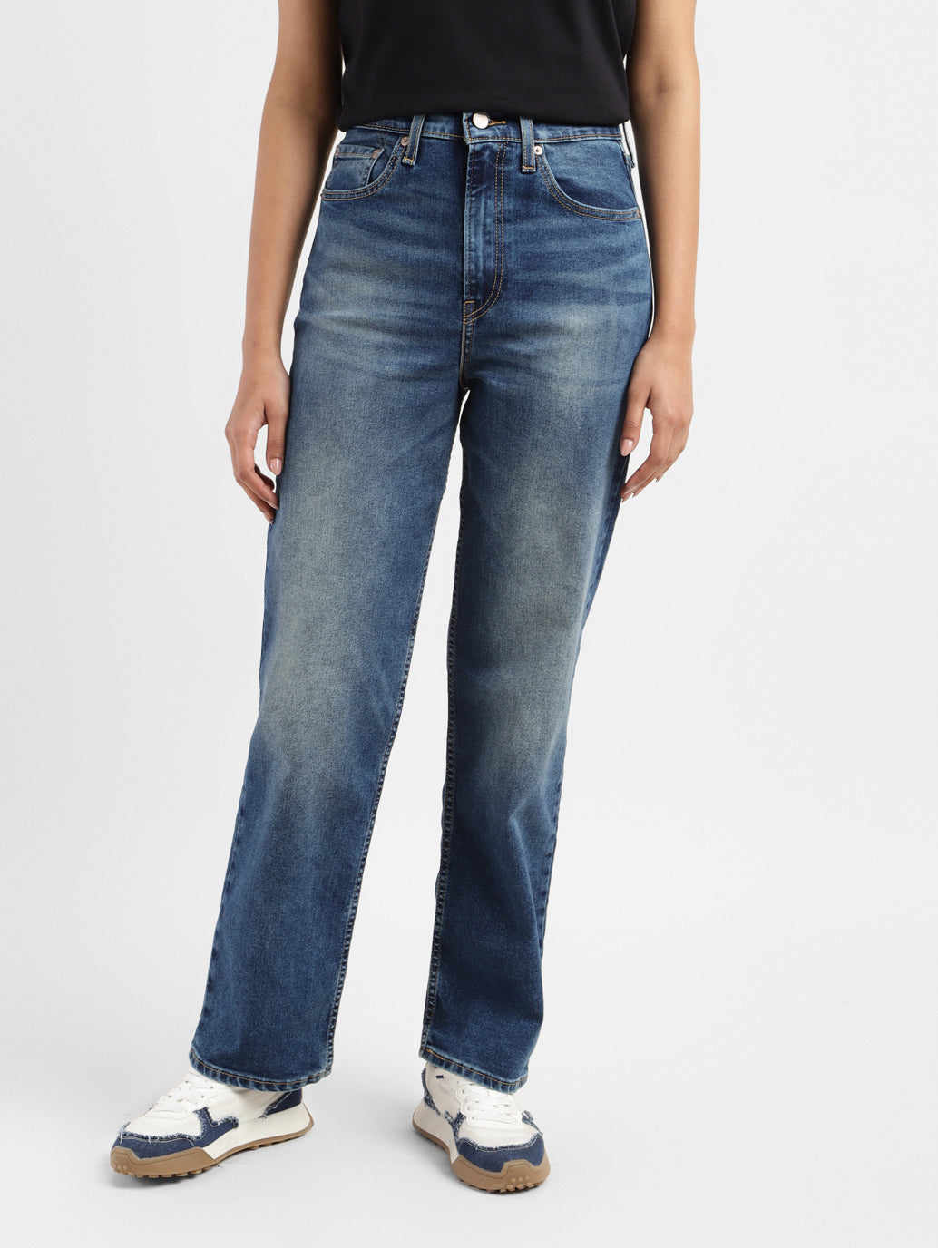 Women's Blue Ribcage Straight Fit Mid Rise Jeans - 2965a37f-1bce-448b-8033-d24b1d5fb53c View