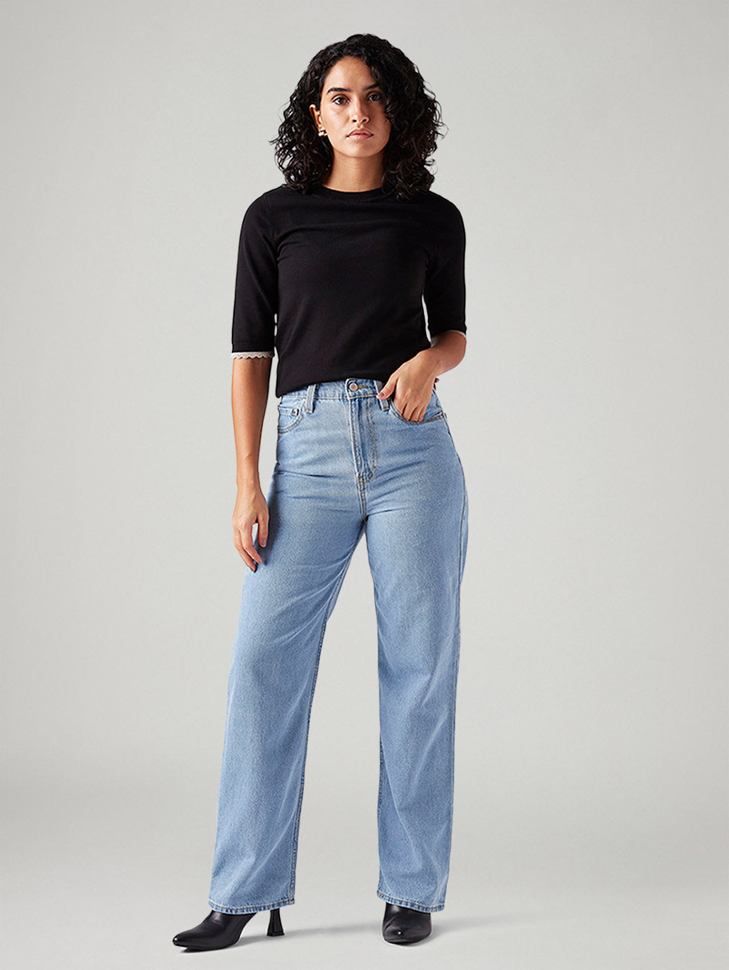 Women's Light Blue Ribcage Straight Fit High Rise Jeans - Front View