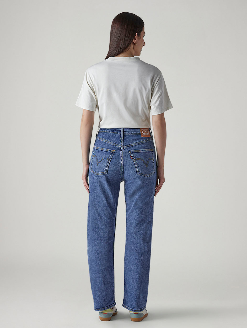 Women's Med Indigo Ribcage Straight High Rise Jeans - Back View