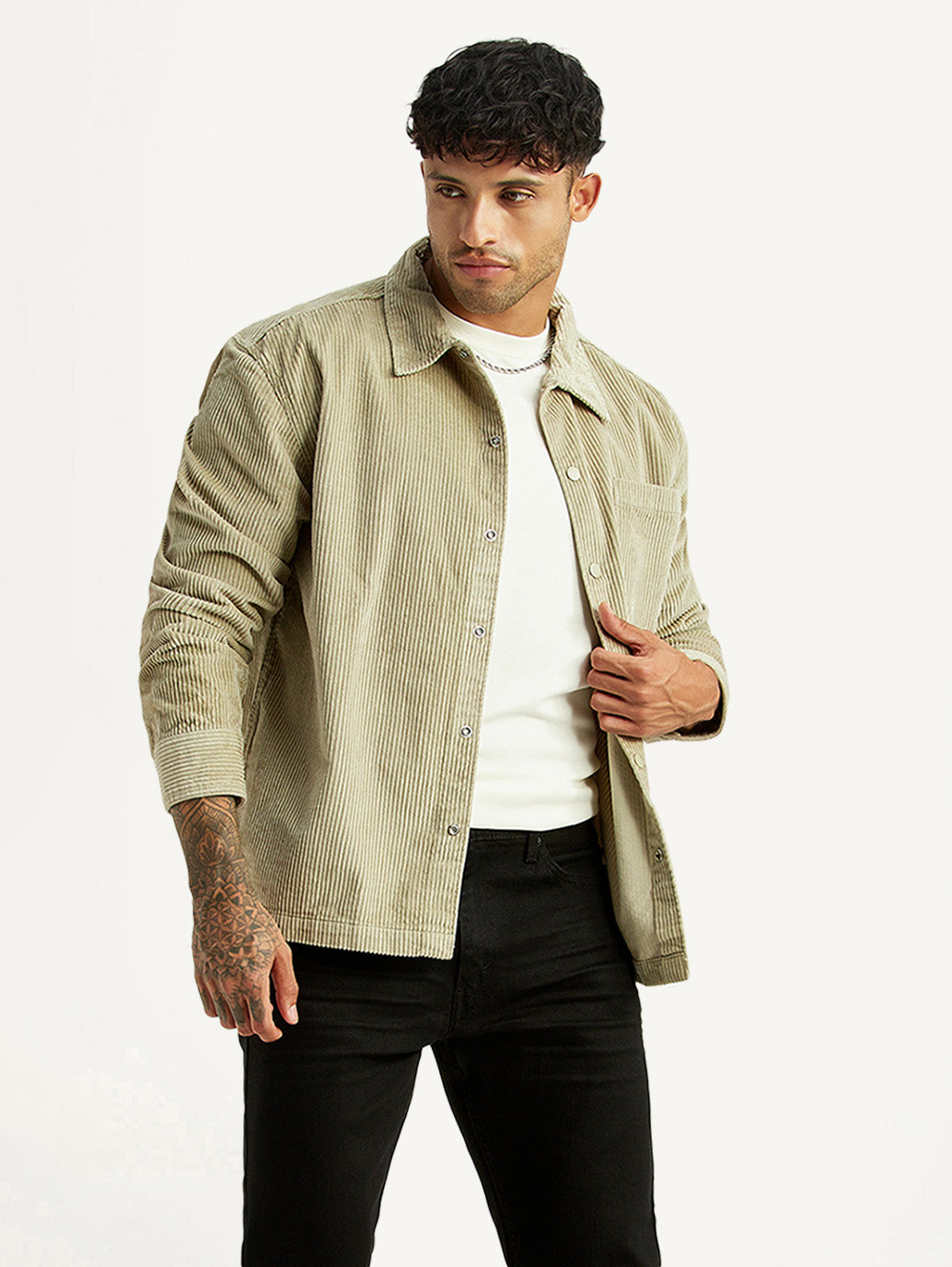 Men's Textured Green Relaxed Fit Corduroy Shirt
