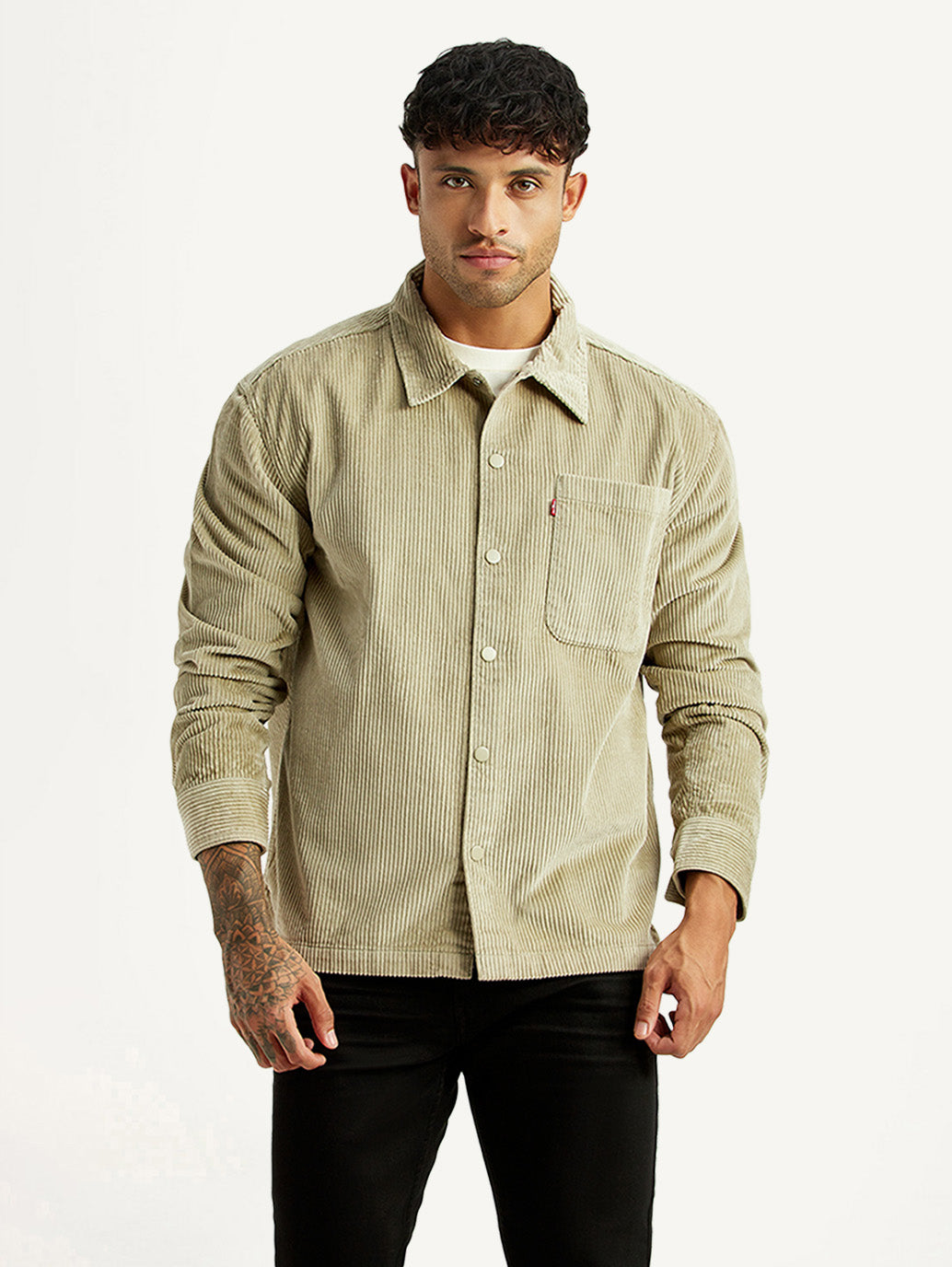 Men's Textured Green Relaxed Fit Corduroy Shirt - Front View