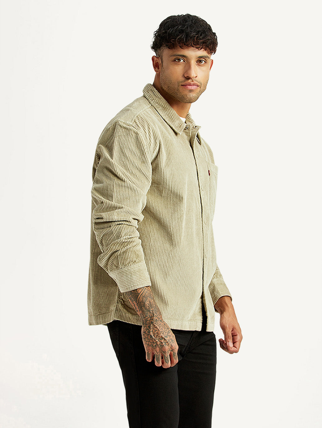 Men's Textured Green Relaxed Fit Corduroy Shirt - Side View