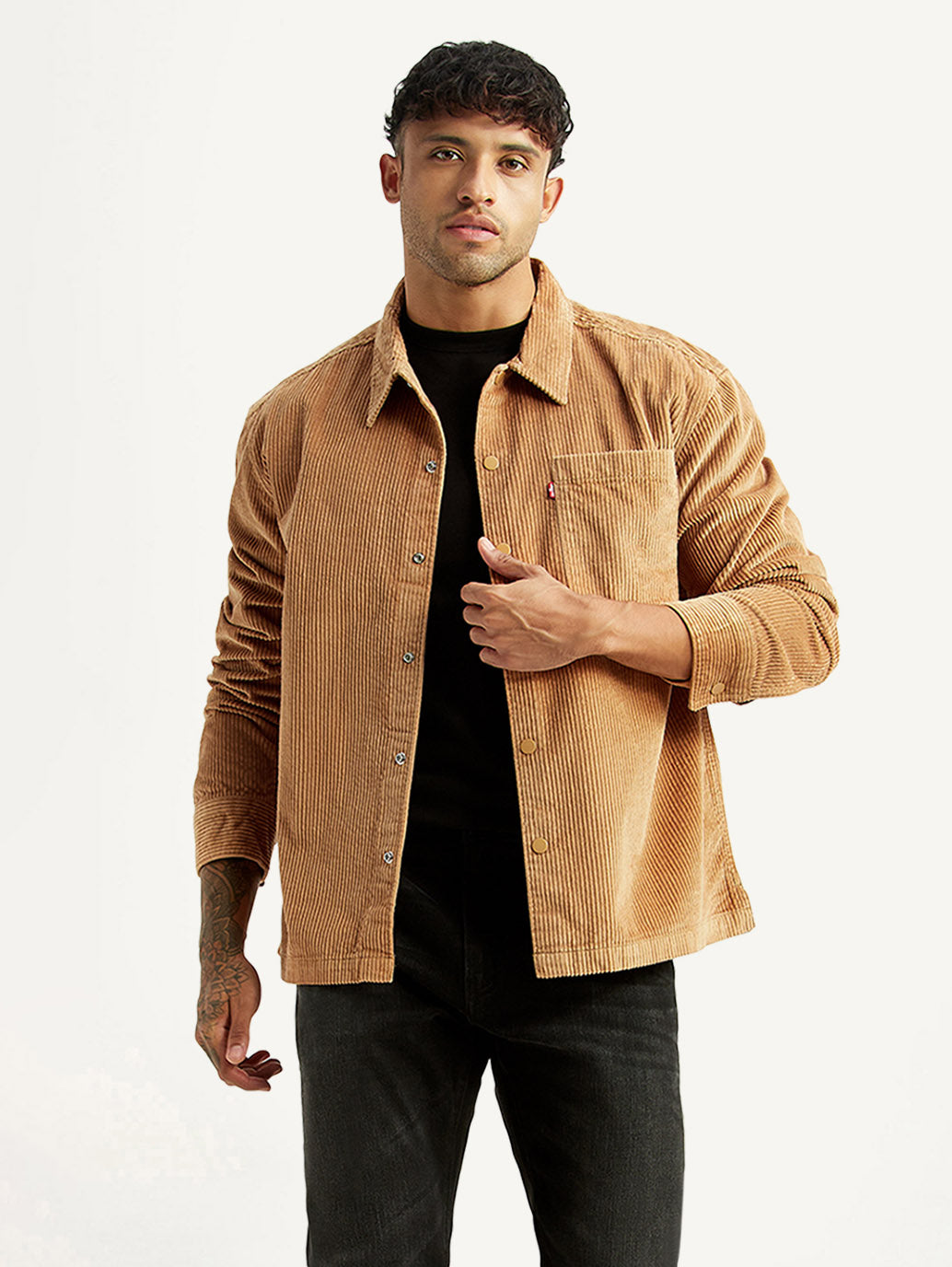 Men's Textured Tan Relaxed Fit Corduroy Shirt - Styleshot View